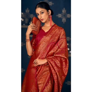 Red Floral Woven Art Silk Saree - Peachmode