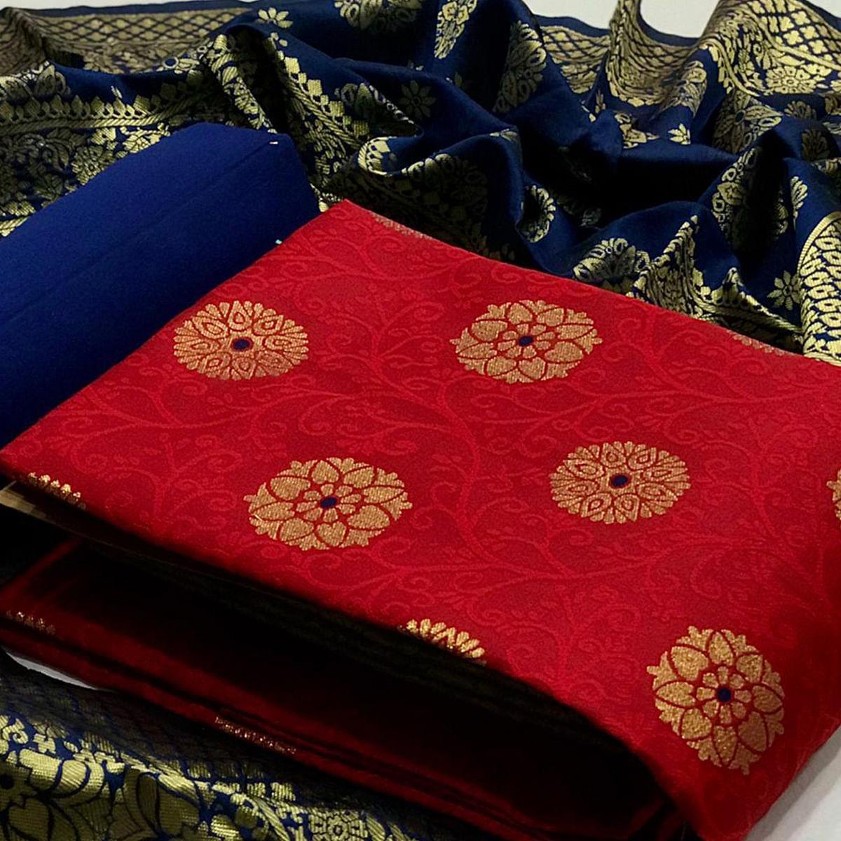Red Floral Woven Banarasi Silk Dress Material - Peachmode