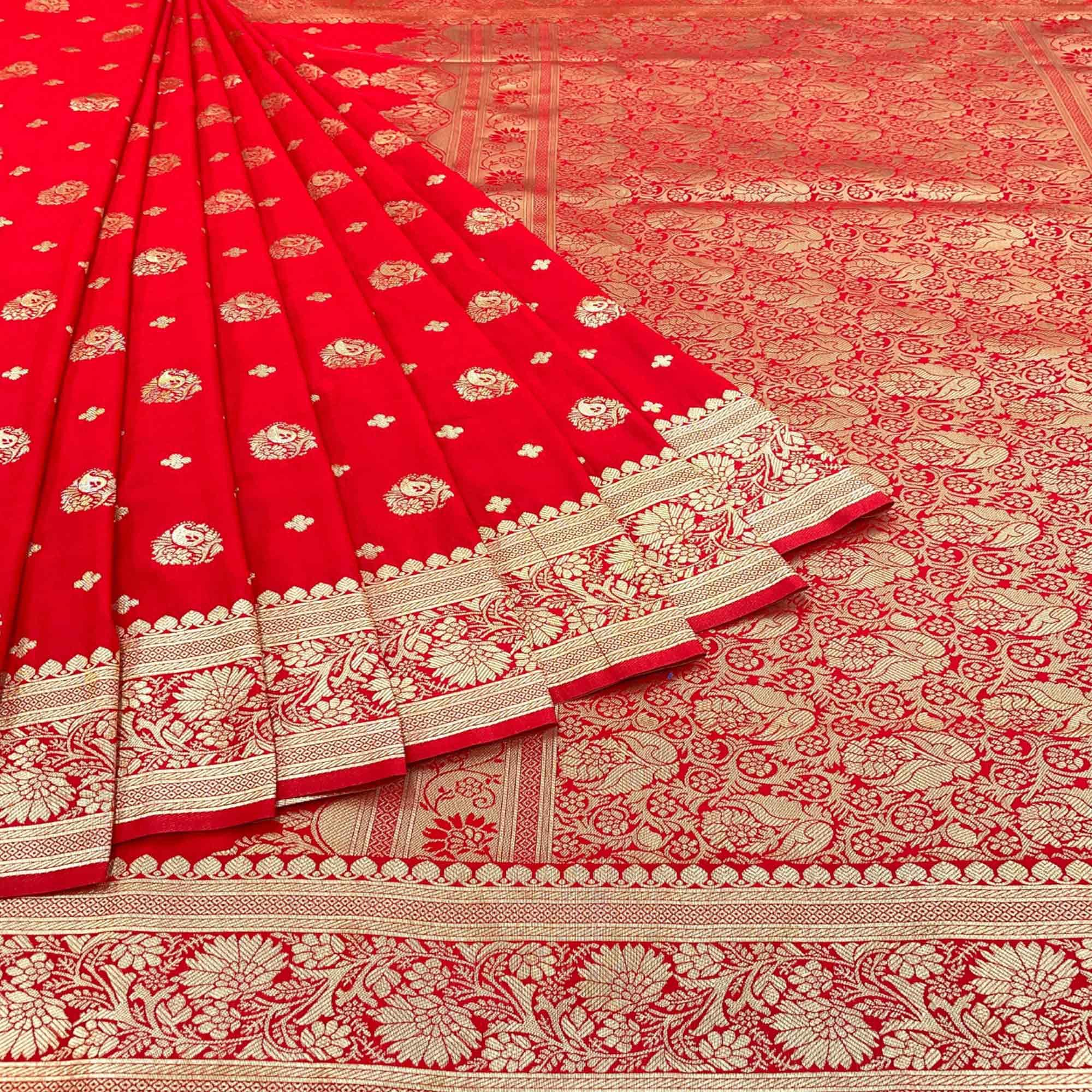 Red Floral Zari Woven Art Silk Saree - Peachmode