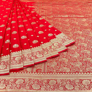 Red Floral Zari Woven Art Silk Saree - Peachmode