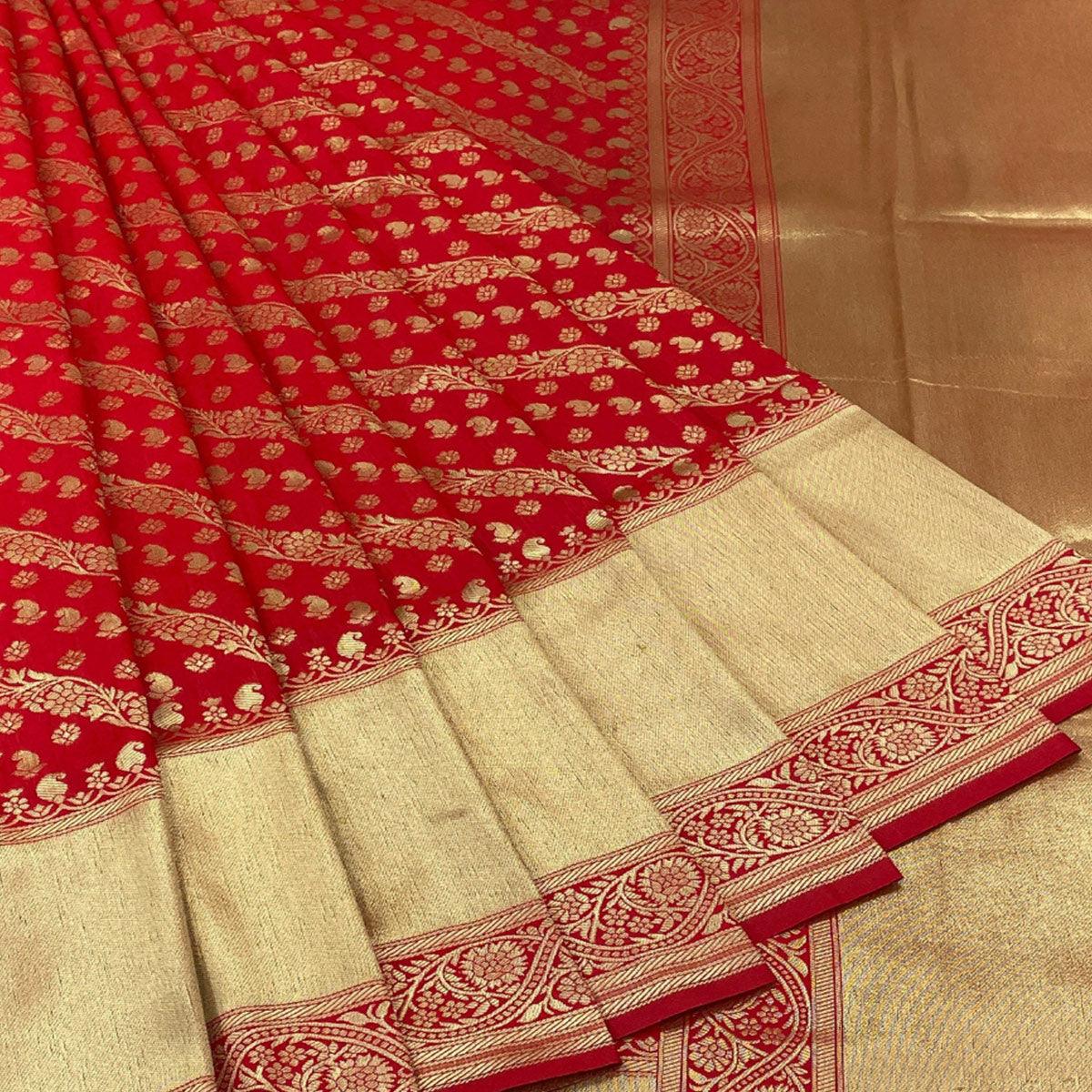 Red Floral Zari Woven Art Silk Saree - Peachmode