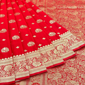 Red Floral Zari Woven Art Silk Saree - Peachmode