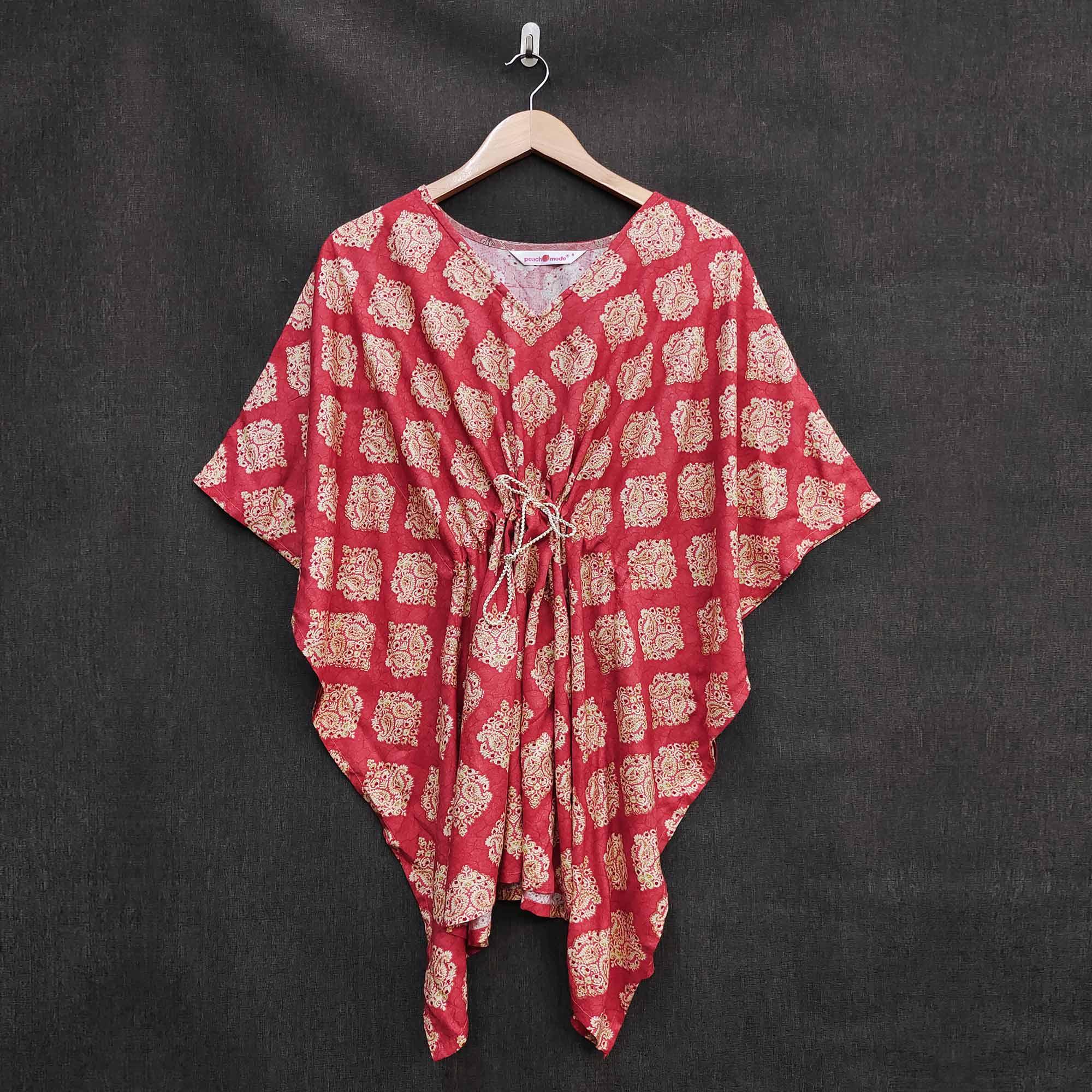 Red Foil Printed Rayon Kaftan Top - Peachmode