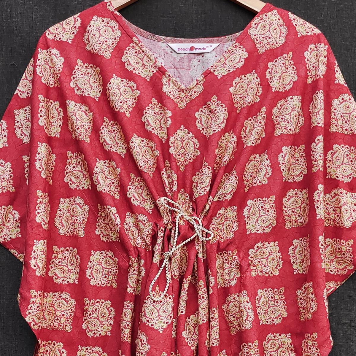 Red Foil Printed Rayon Kaftan Top - Peachmode