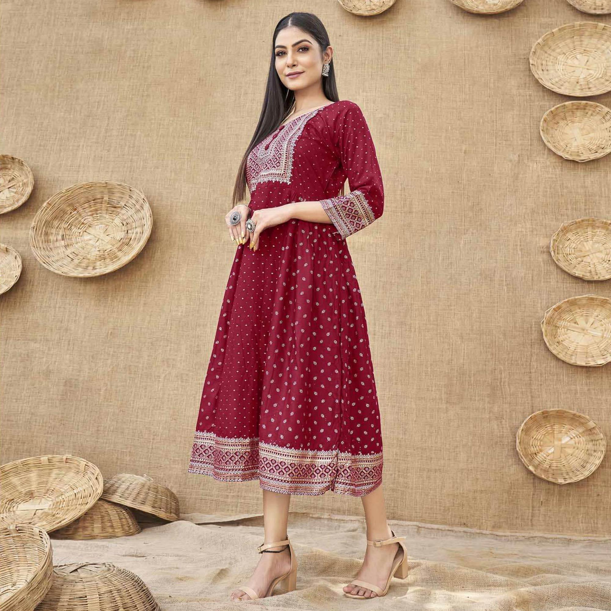 Red Foil Printed Rayon Kurti - Peachmode