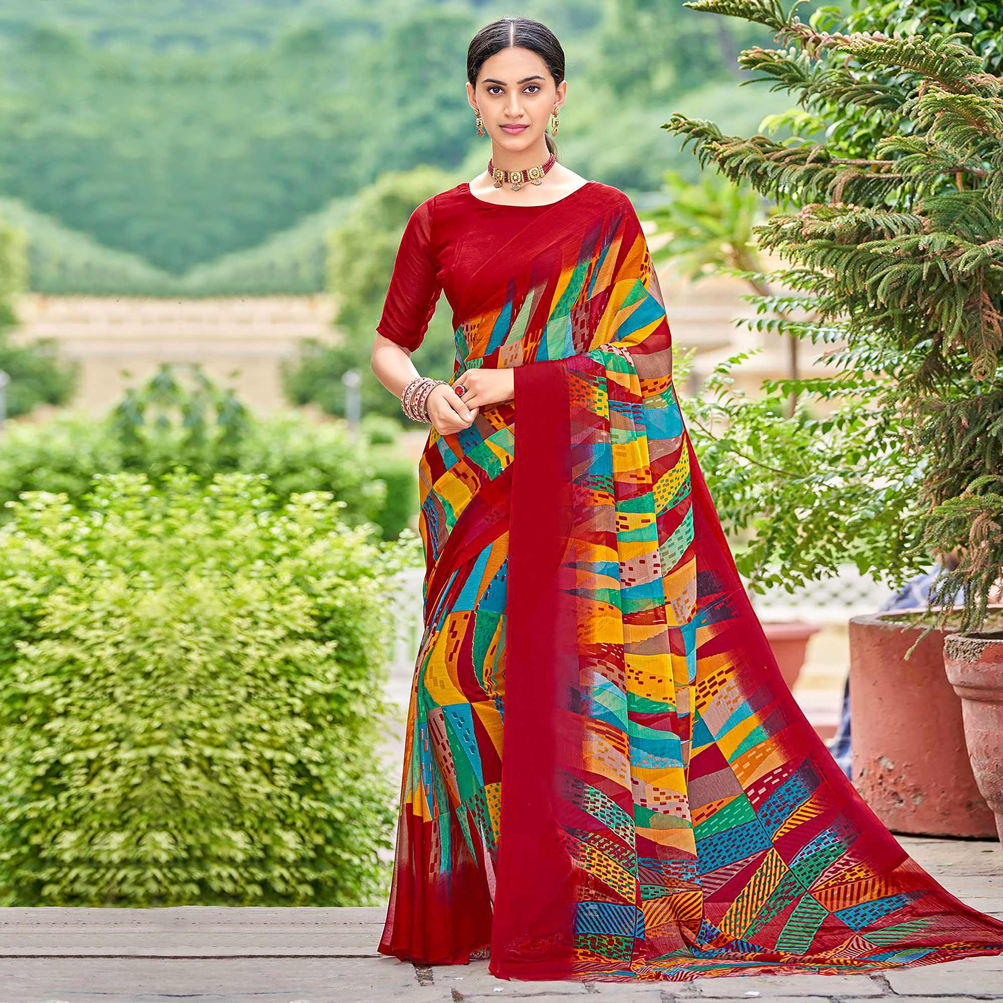 Red Geometric Printed Chiffon Saree - Peachmode