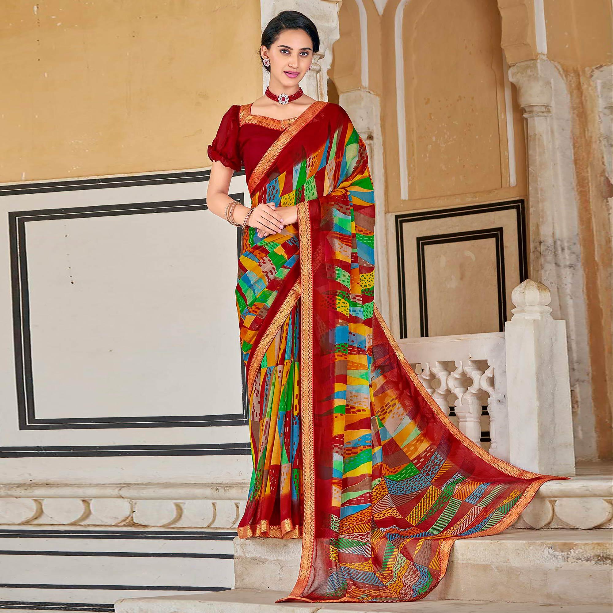 Red Geometric Printed Chiffon Saree - Peachmode