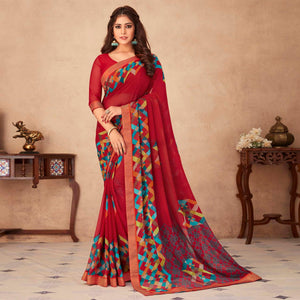 Red Geometric Printed Chiffon Saree - Peachmode