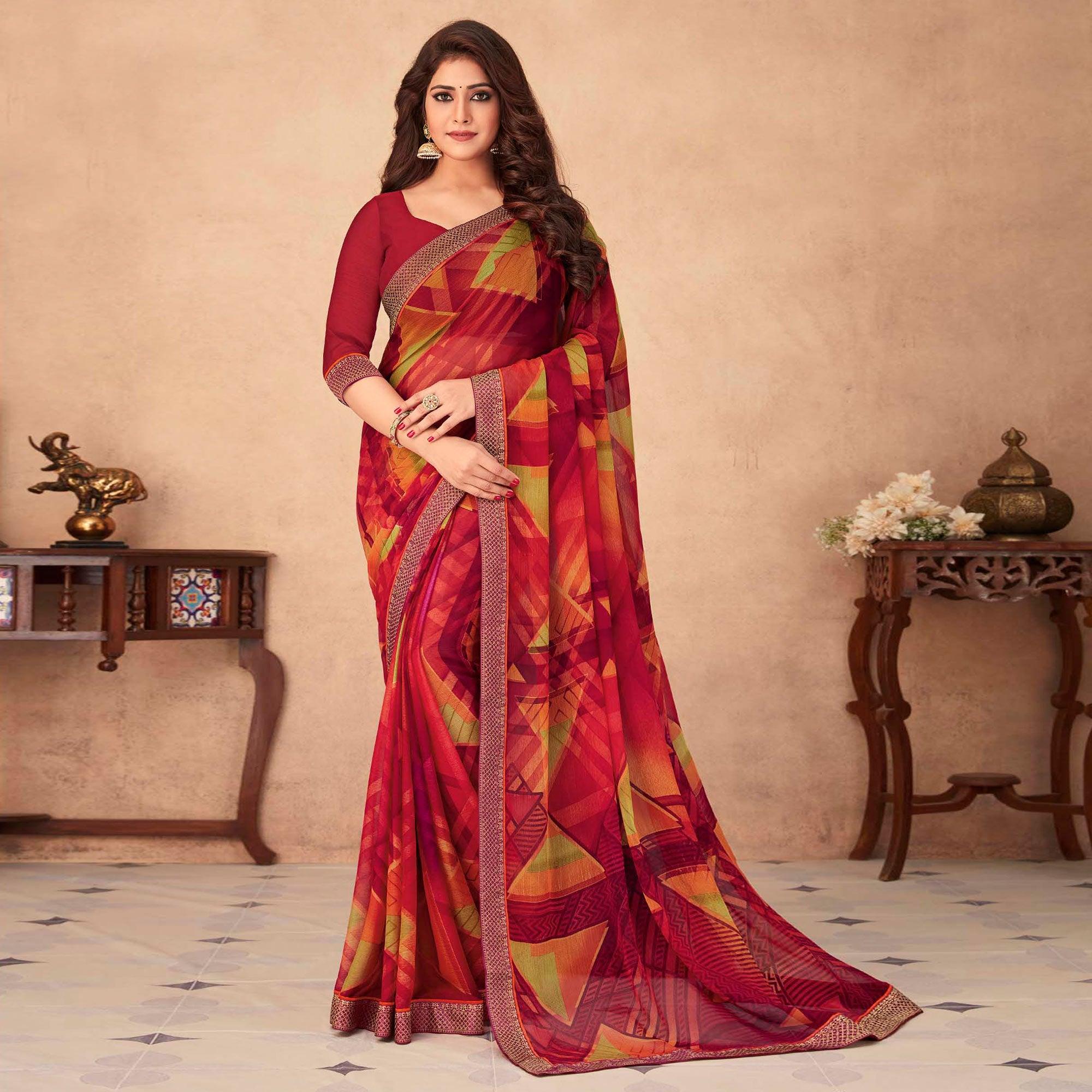 Red Geometric Printed Chiffon Saree - Peachmode