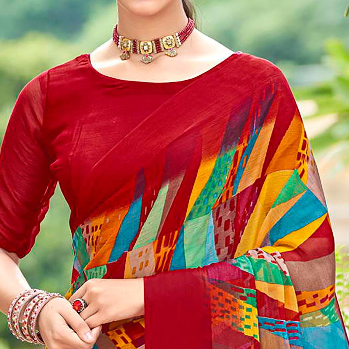 Red Geometric Printed Chiffon Saree - Peachmode