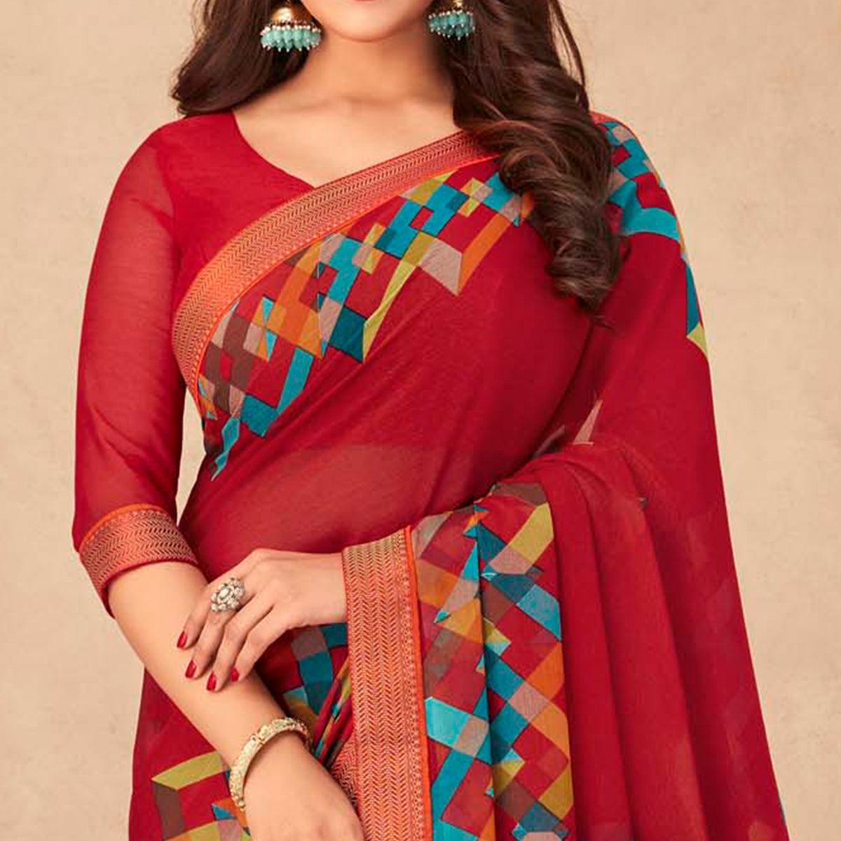 Red Geometric Printed Chiffon Saree - Peachmode