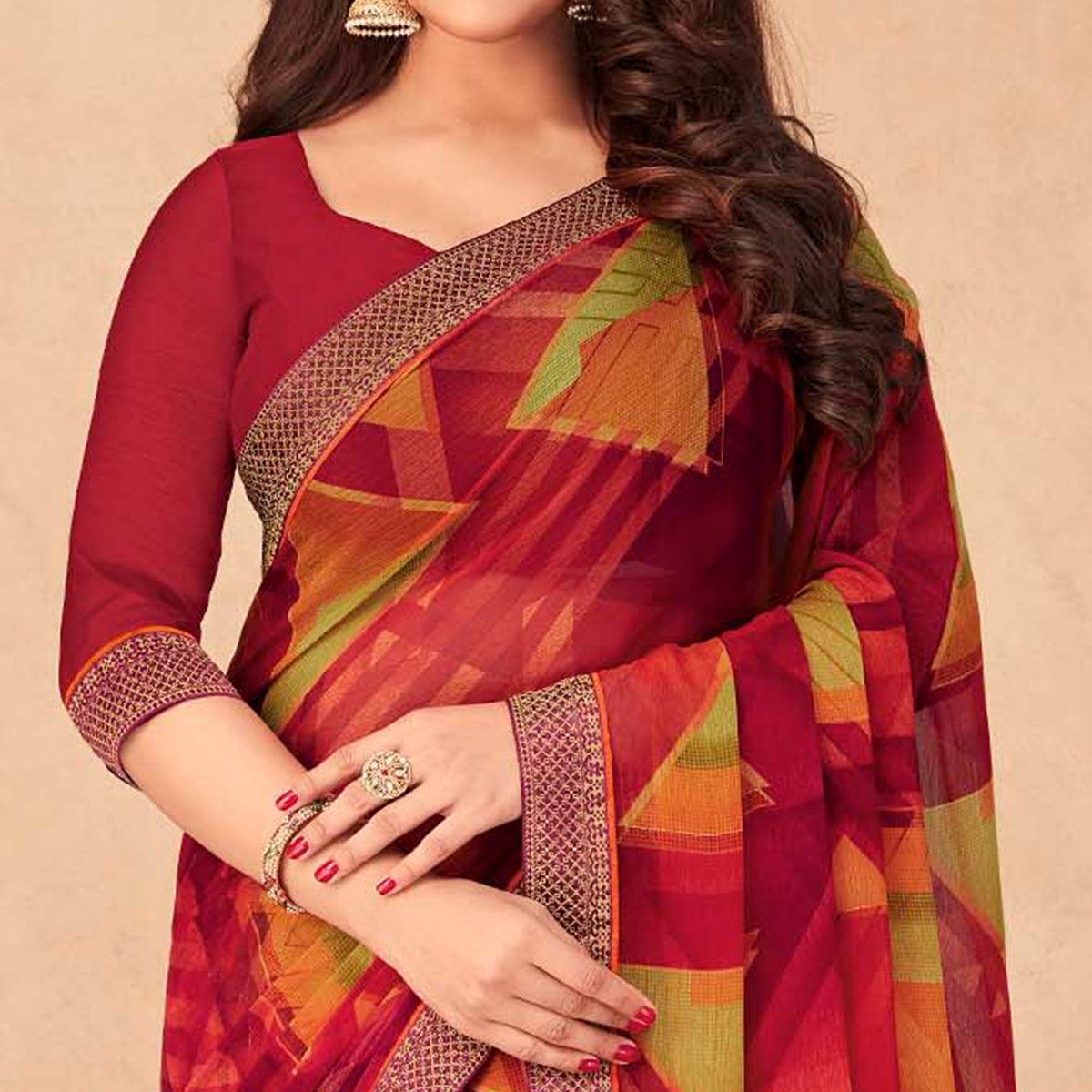 Red Geometric Printed Chiffon Saree - Peachmode