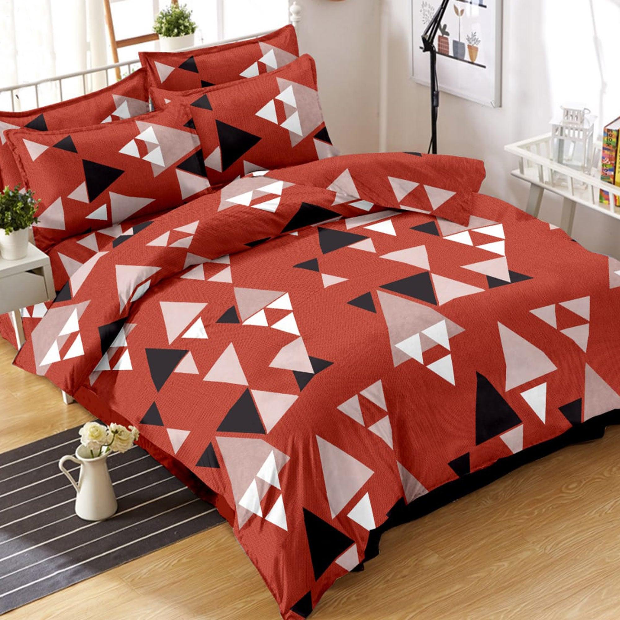 Red Geometric Printed Pure Cotton Double Bedsheet With Pillow Cover - Peachmode