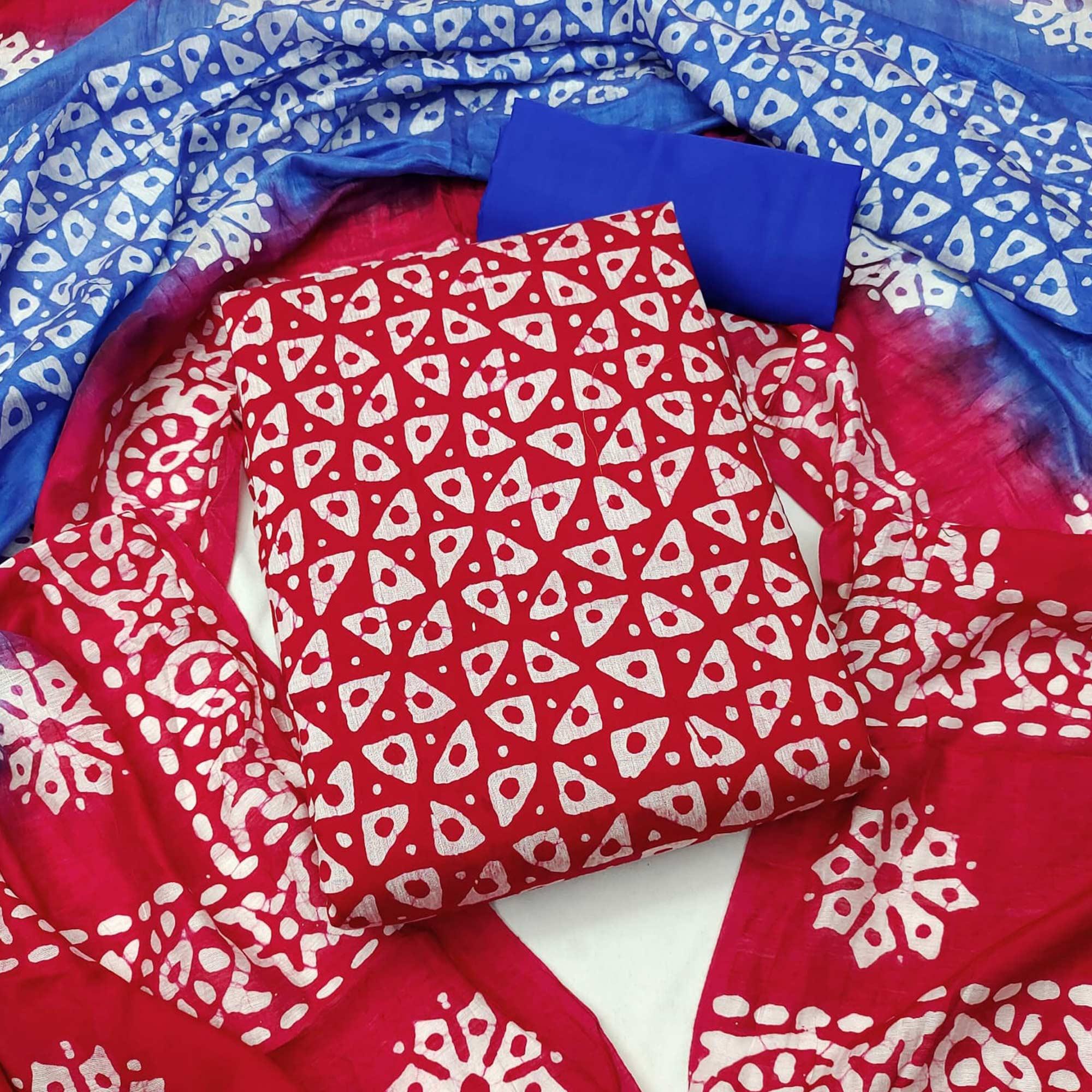 Red Geometric Printed Pure Cotton Dress Material - Peachmode