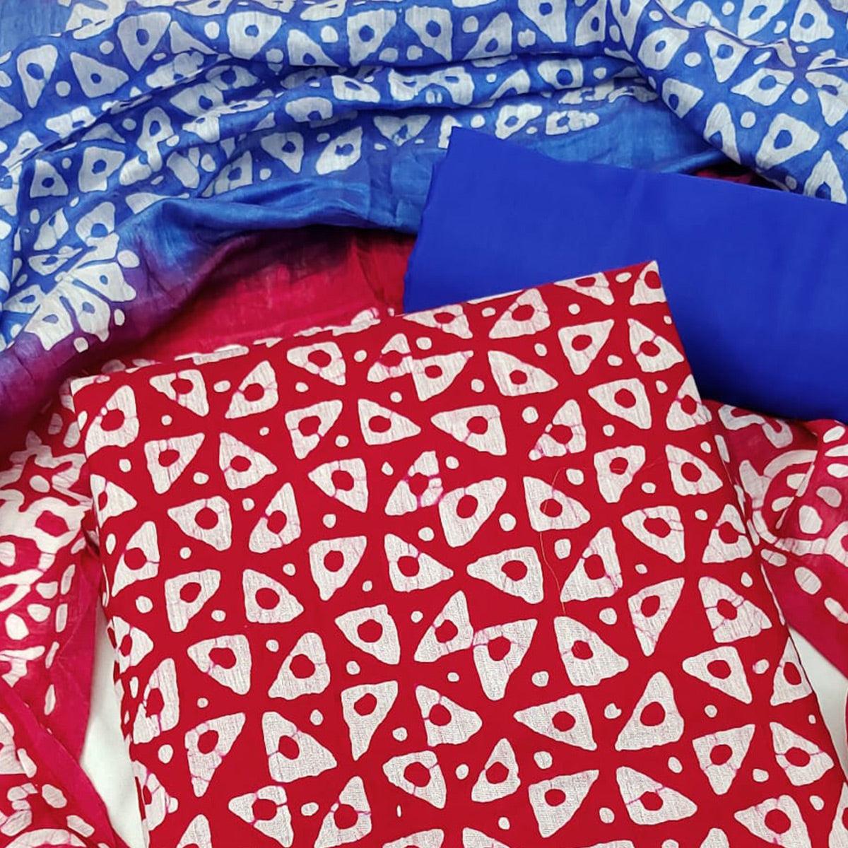 Red Geometric Printed Pure Cotton Dress Material - Peachmode
