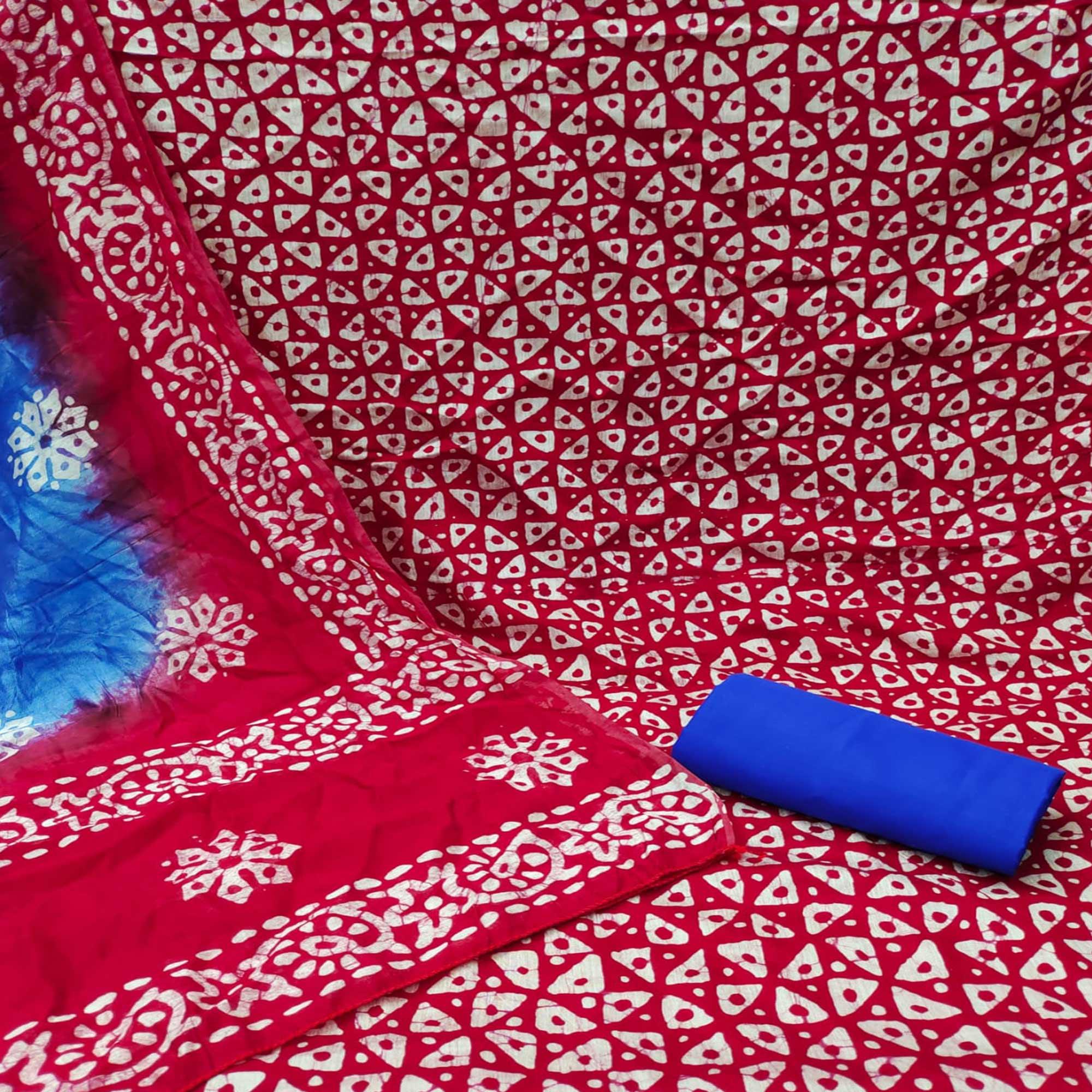 Red Geometric Printed Pure Cotton Dress Material - Peachmode