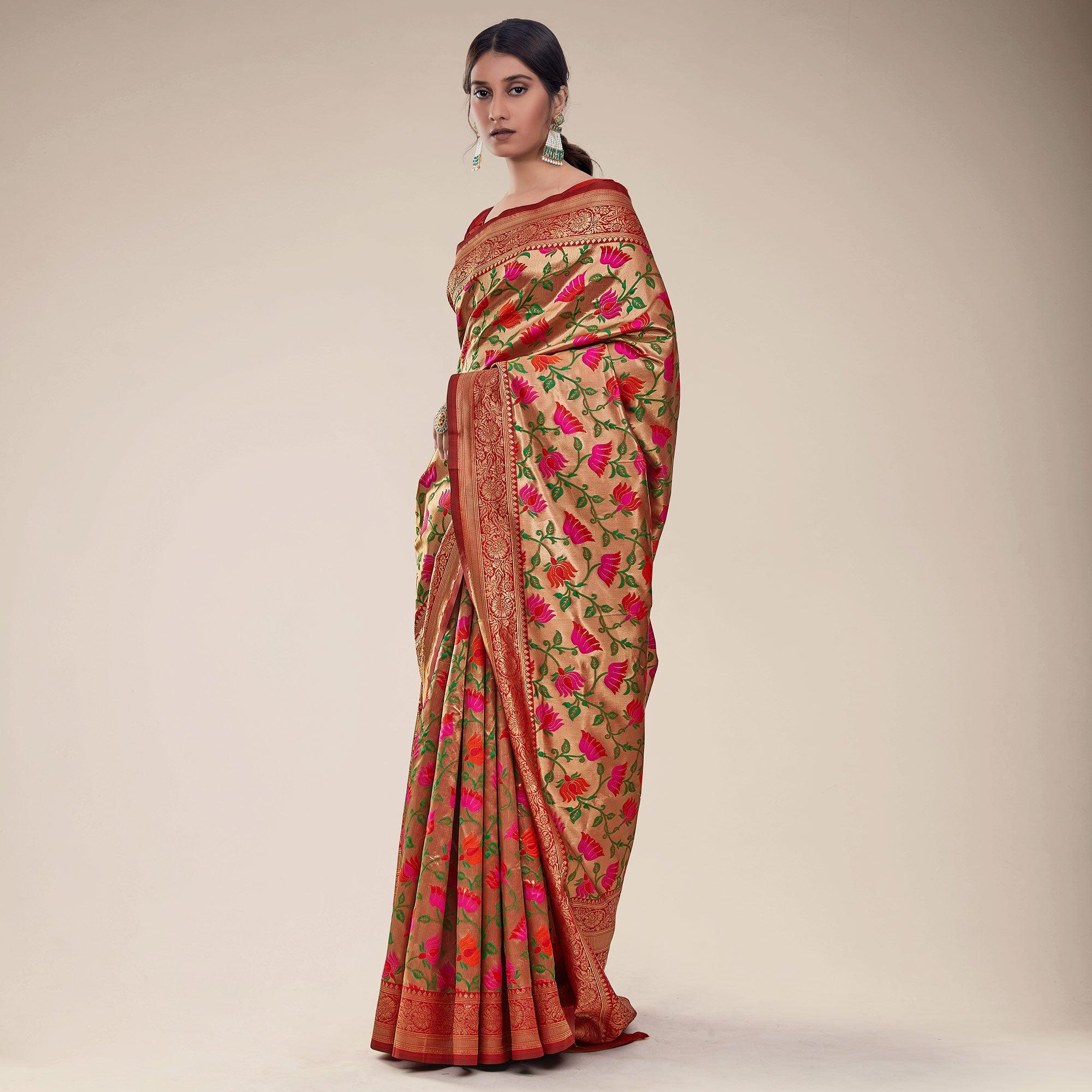 Red-Golden Festive Wear Designer Floral Woven Paithani Silk Saree - Peachmode