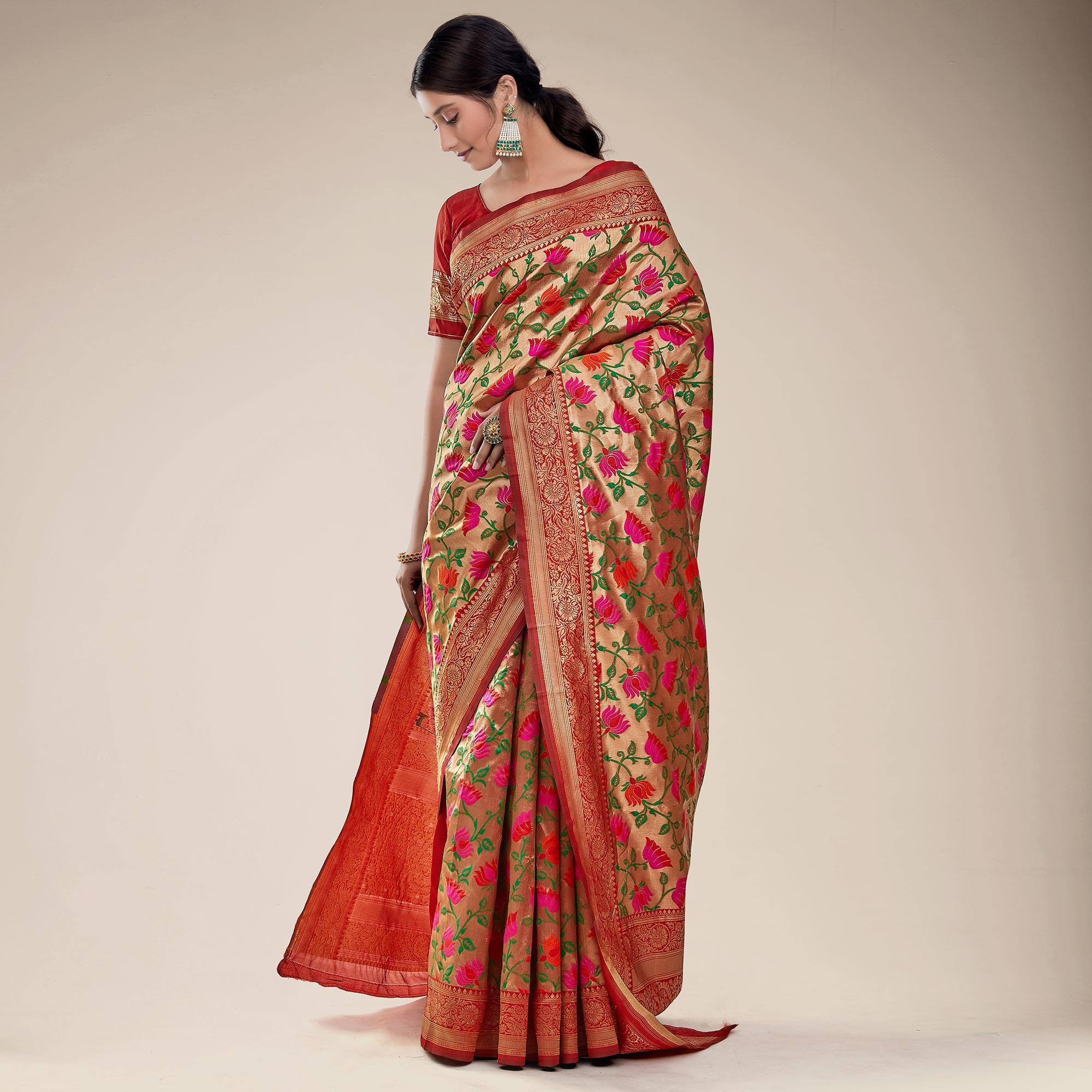 Red-Golden Festive Wear Designer Floral Woven Paithani Silk Saree - Peachmode
