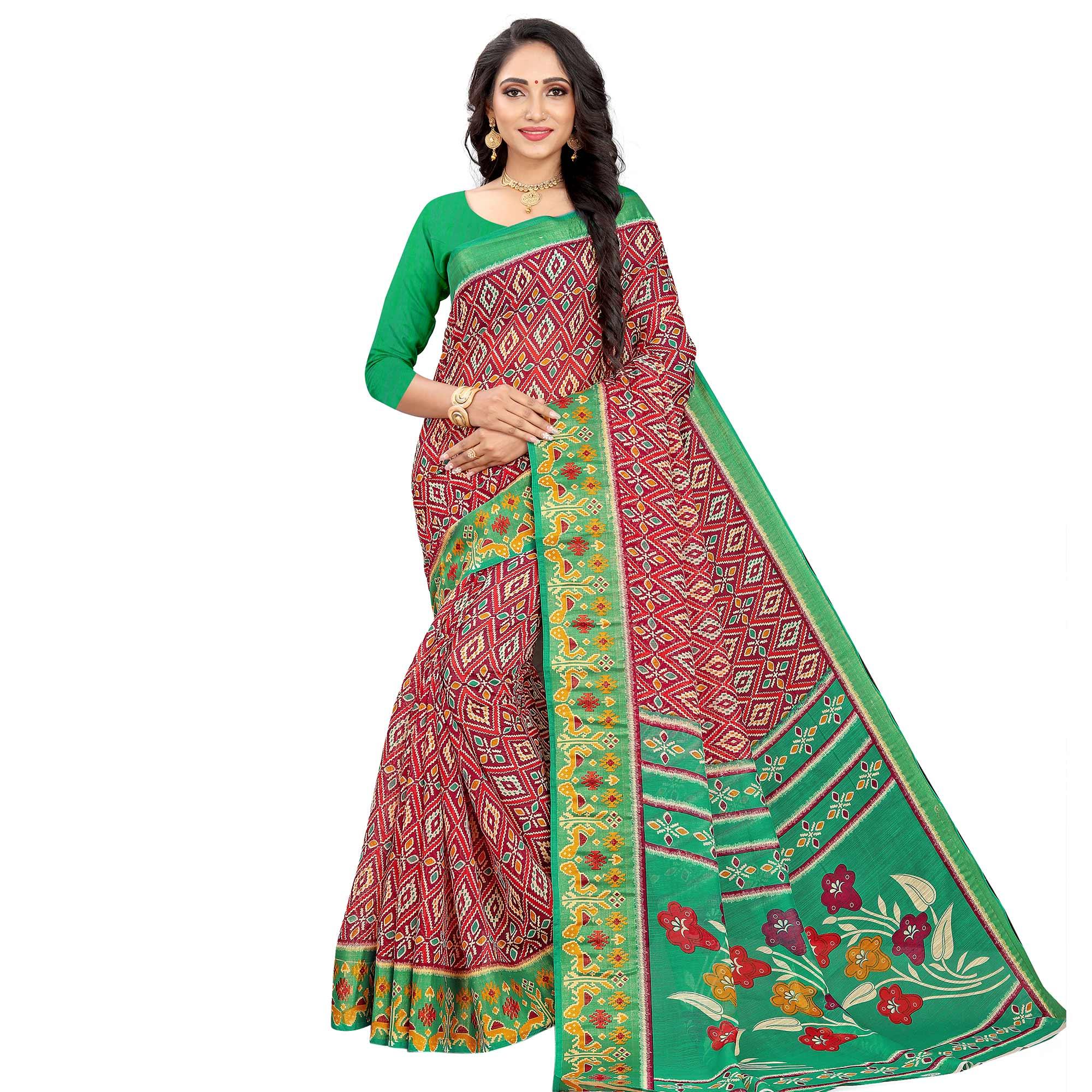 Red-Green Festive Wear Floral Printed Cotton linen Saree - Peachmode