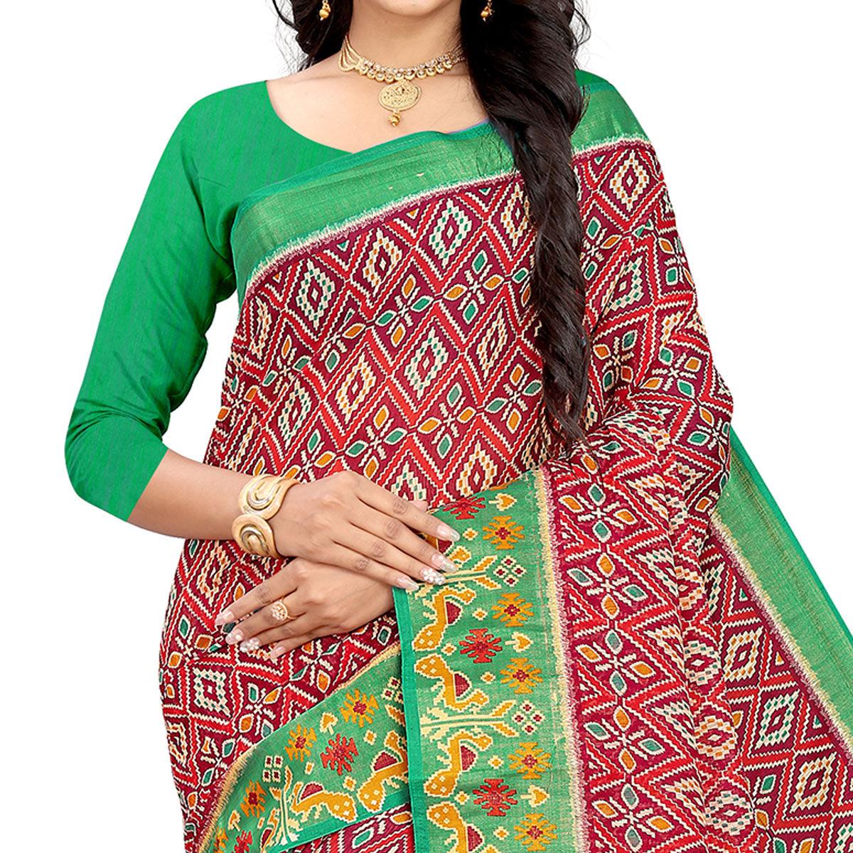 Red-Green Festive Wear Floral Printed Cotton linen Saree - Peachmode