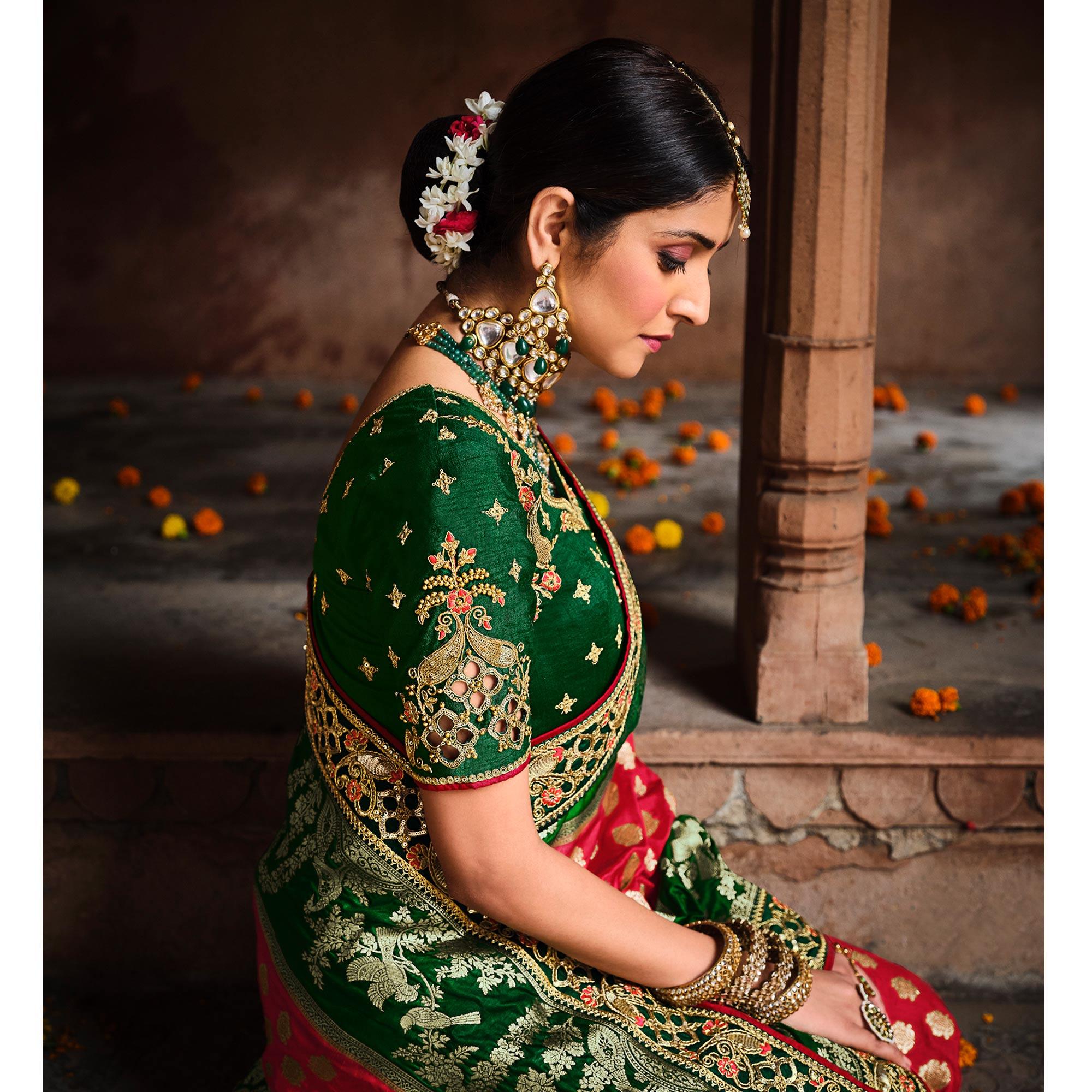 Red-Green Festive Wear Woven With Zari & Diamond Work Banarasi Silk Saree - Peachmode