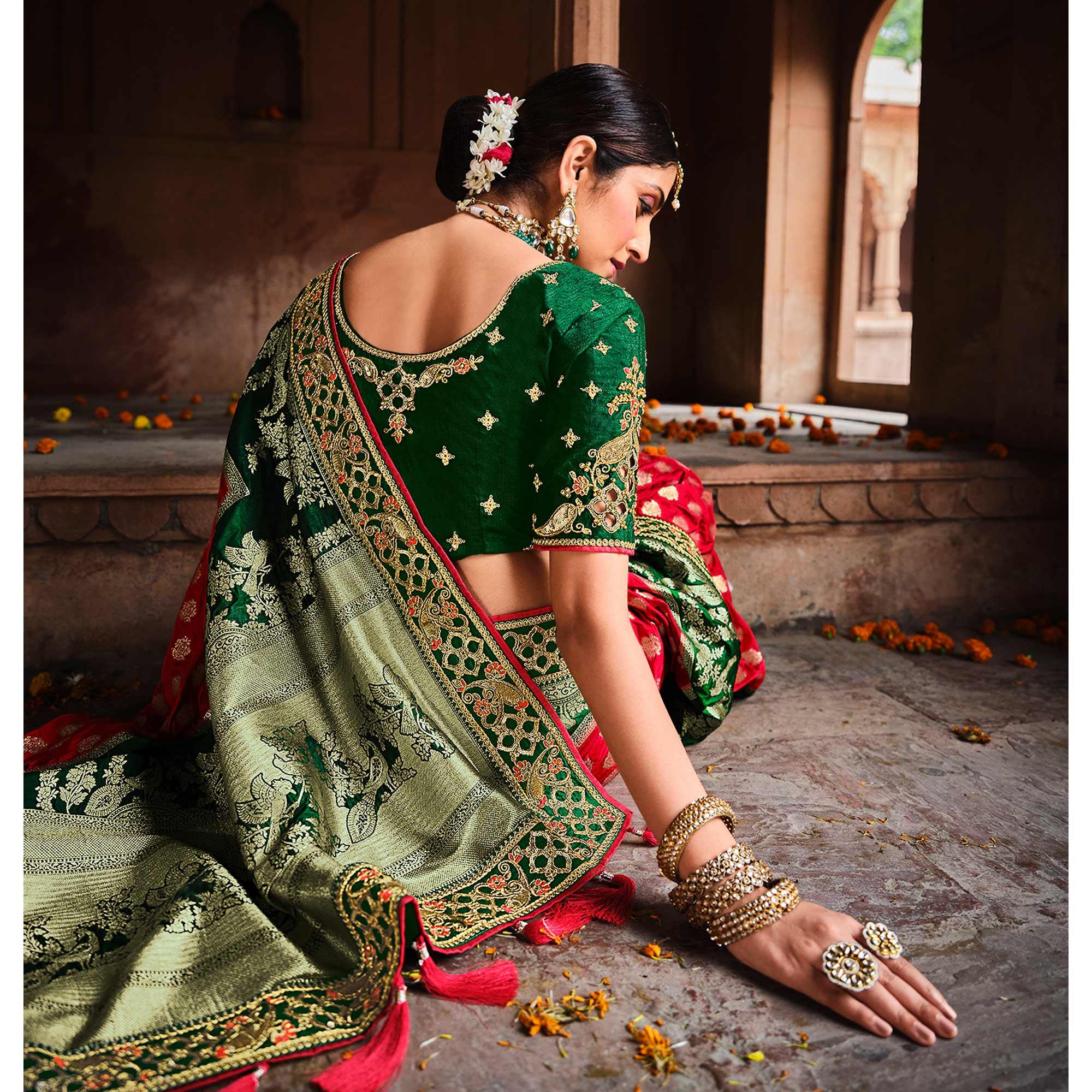 Red-Green Festive Wear Woven With Zari & Diamond Work Banarasi Silk Saree - Peachmode