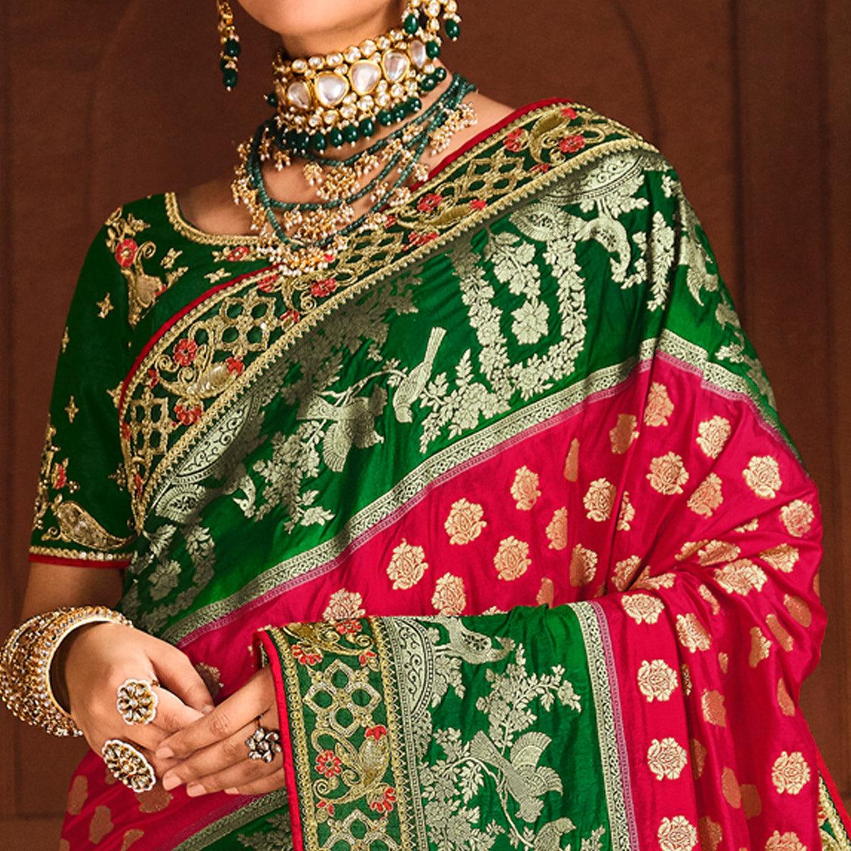 Red-Green Festive Wear Woven With Zari & Diamond Work Banarasi Silk Saree - Peachmode