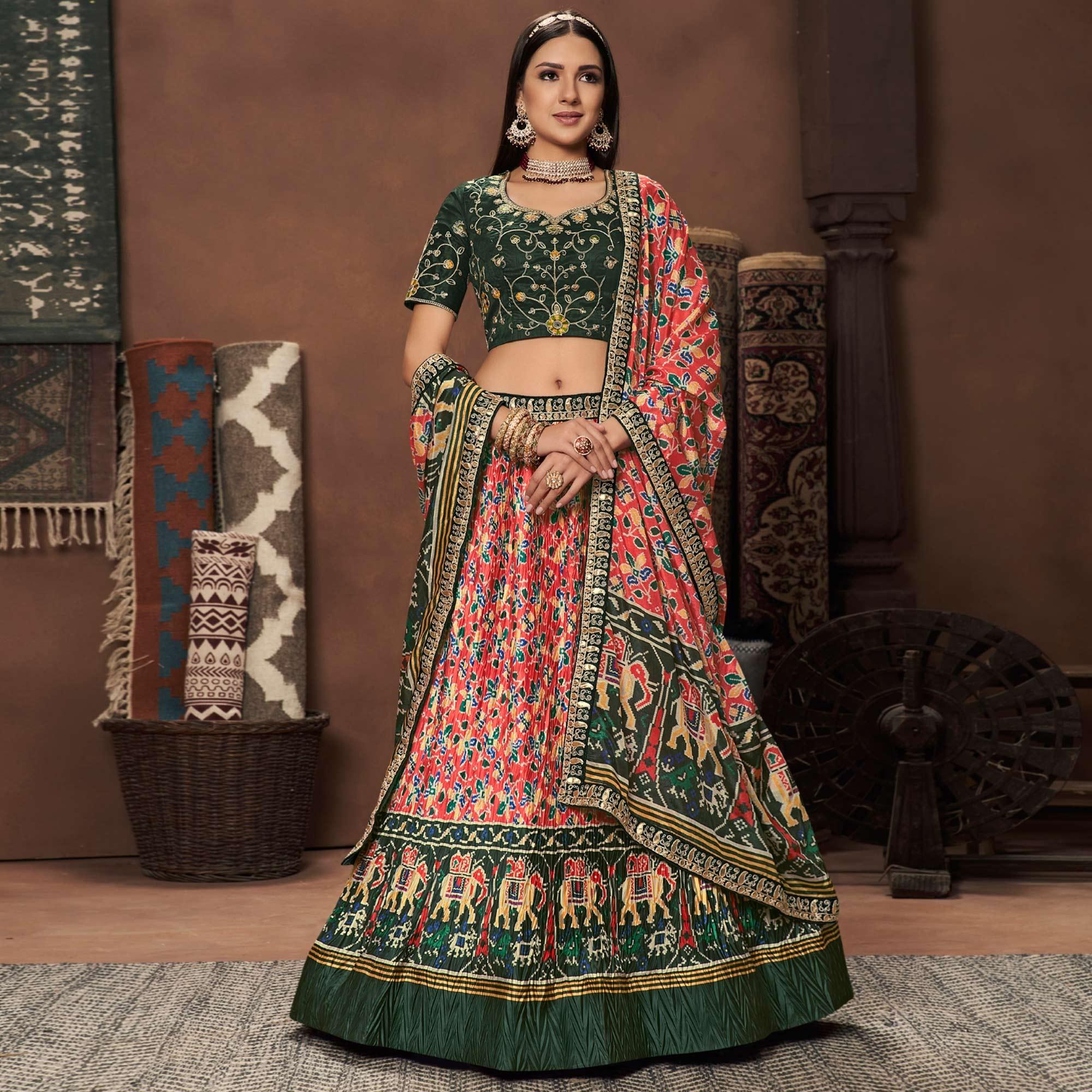 Red-Green Floral Printed Art Silk Lehenga Choli - Peachmode