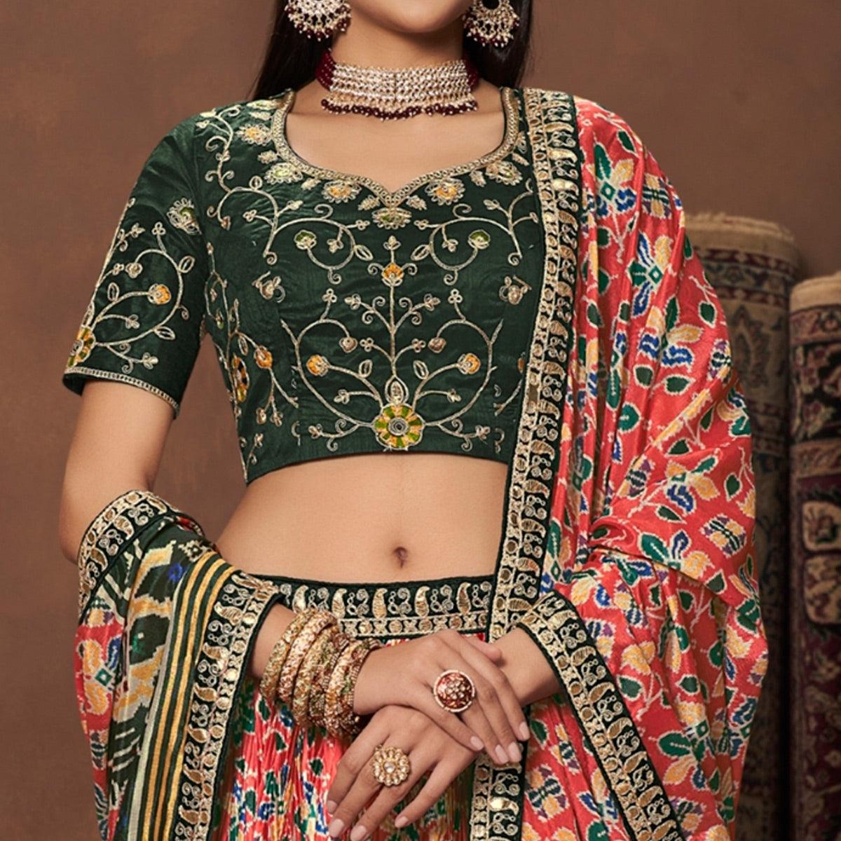 Red-Green Floral Printed Art Silk Lehenga Choli - Peachmode