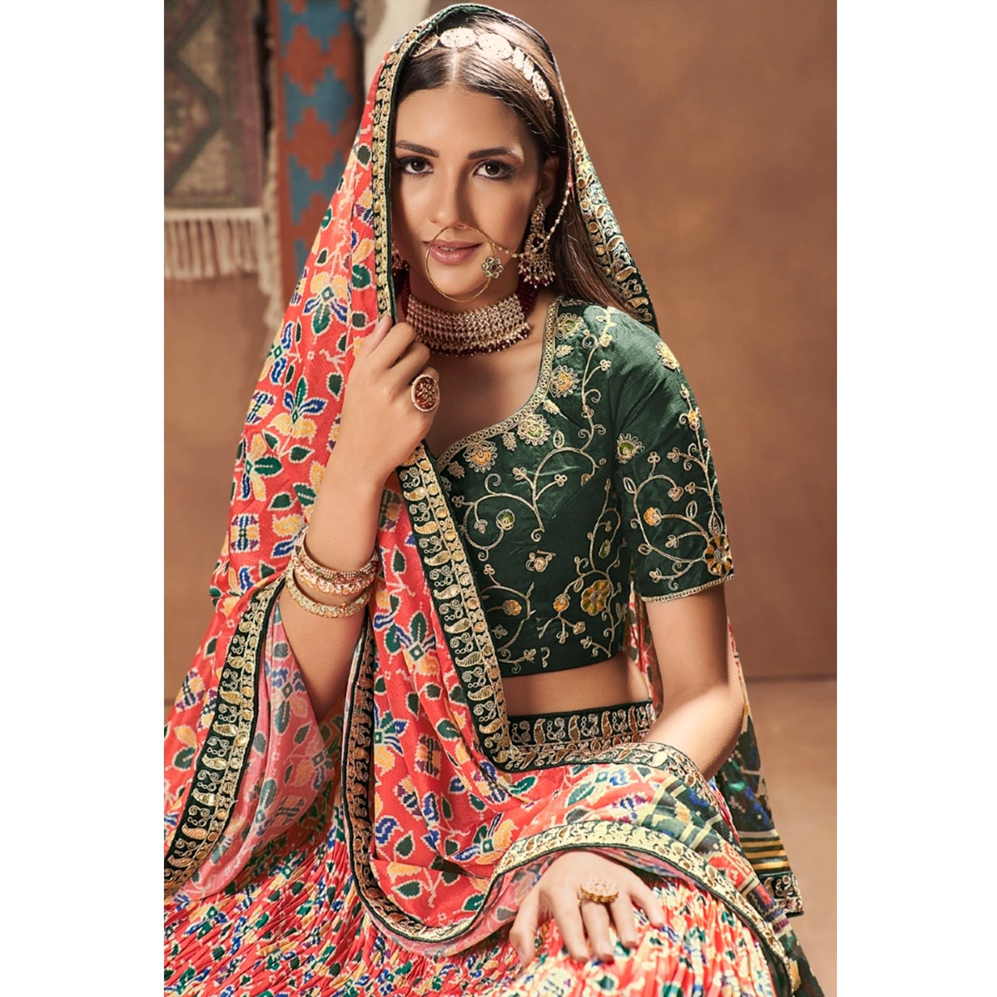 Red-Green Floral Printed Art Silk Lehenga Choli - Peachmode