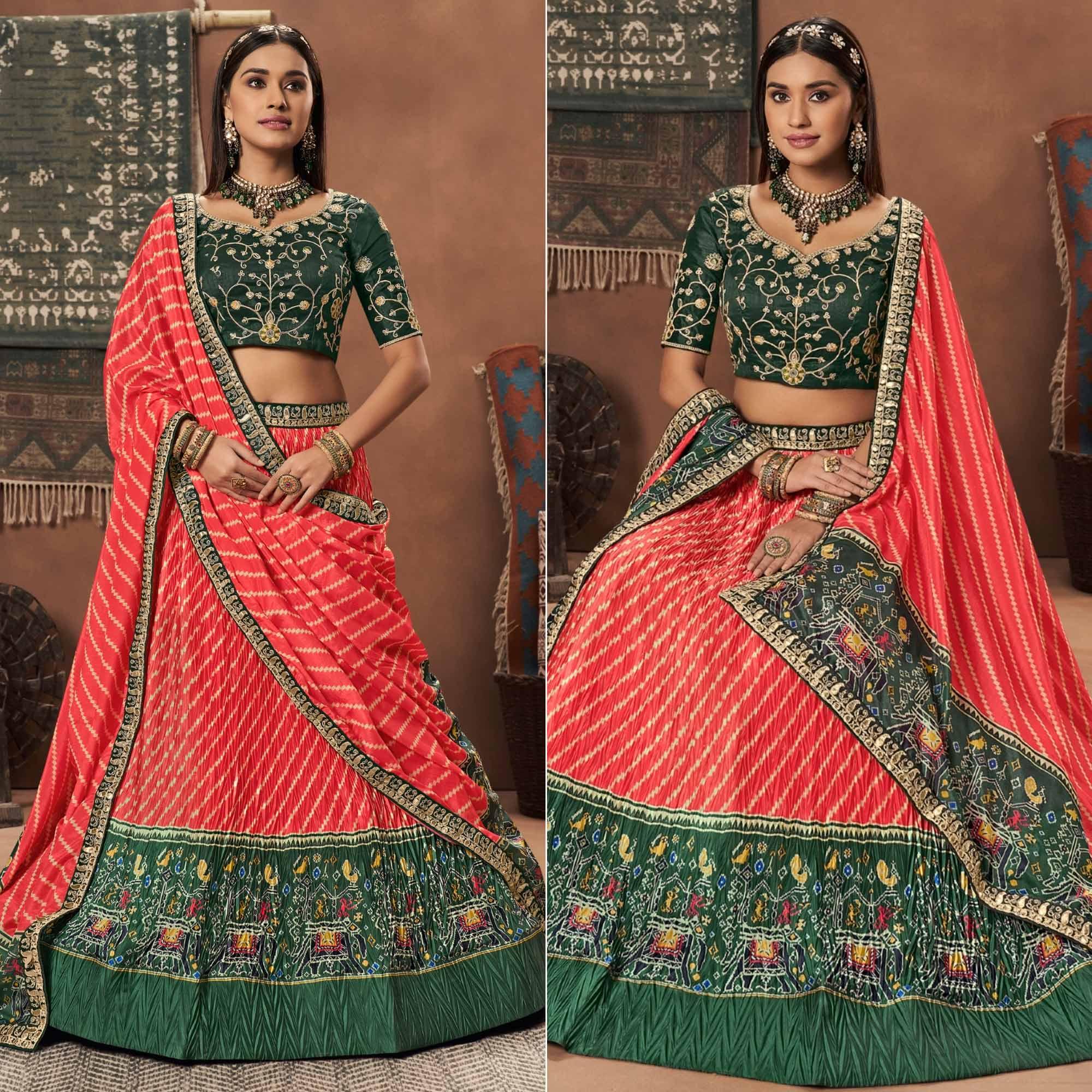 Red-Green Stripes Printed Art Silk Lehenga Choli - Peachmode