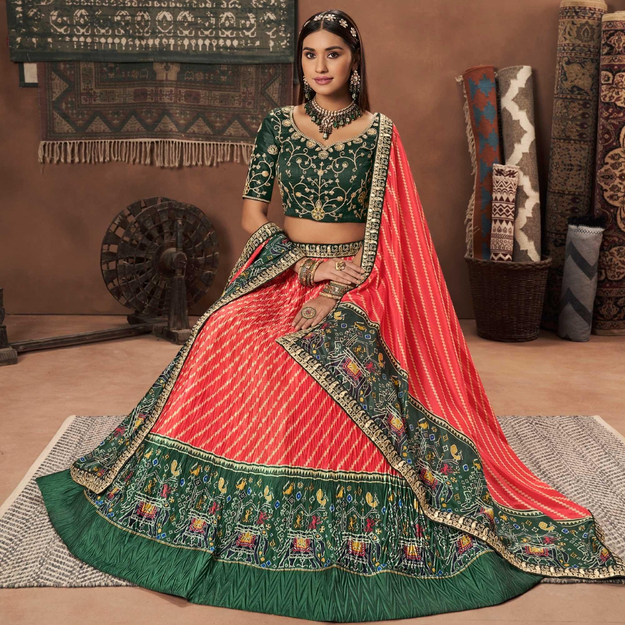 Red-Green Stripes Printed Art Silk Lehenga Choli - Peachmode
