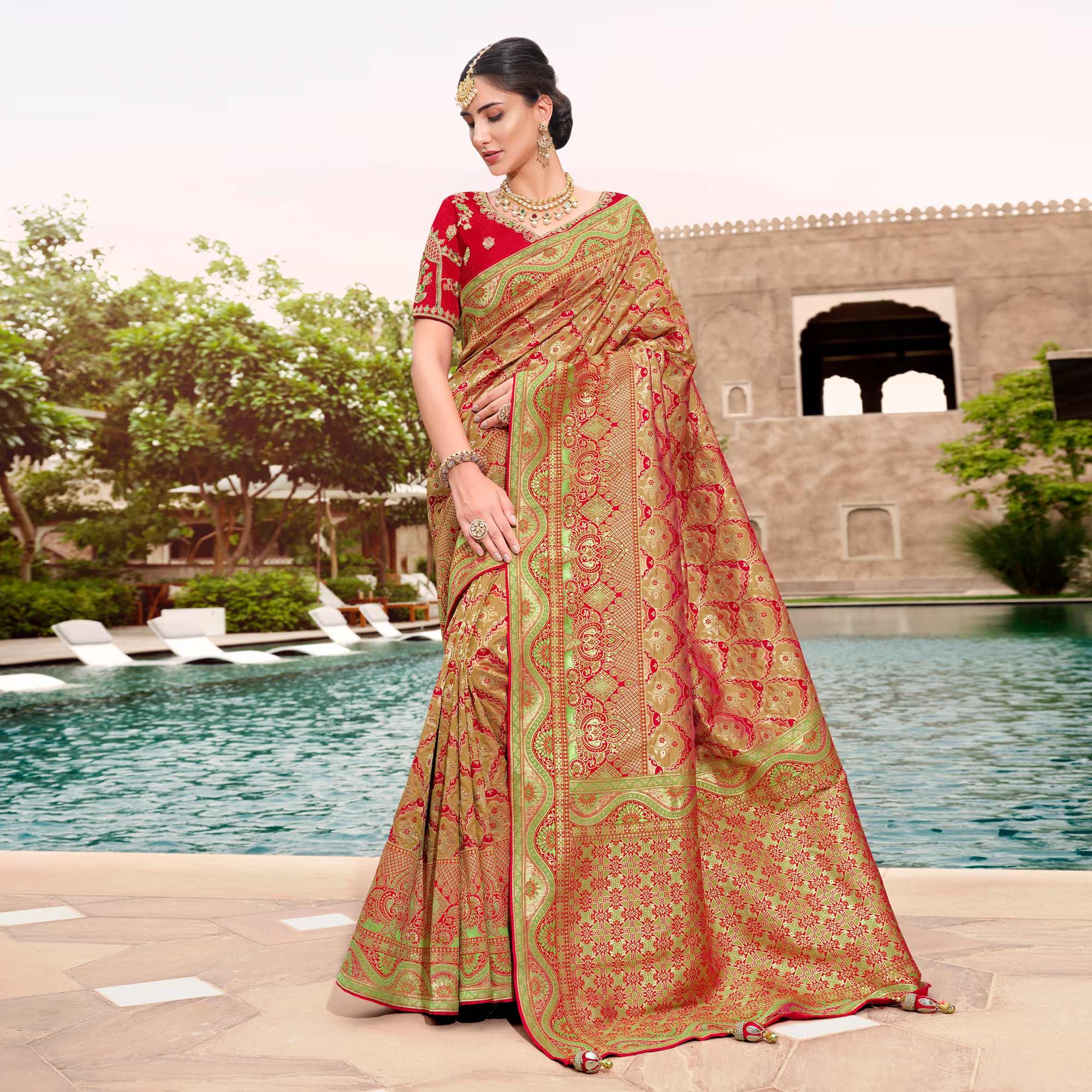 Red-Green Woven Banarasi Silk Saree With Tassels - Peachmode