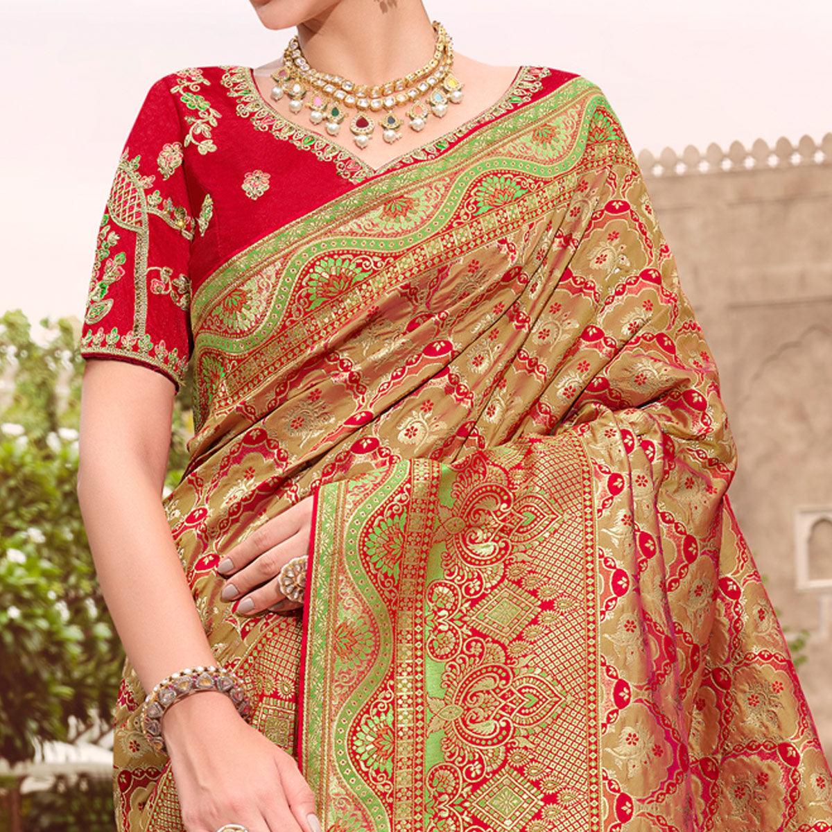 Red-Green Woven Banarasi Silk Saree With Tassels - Peachmode