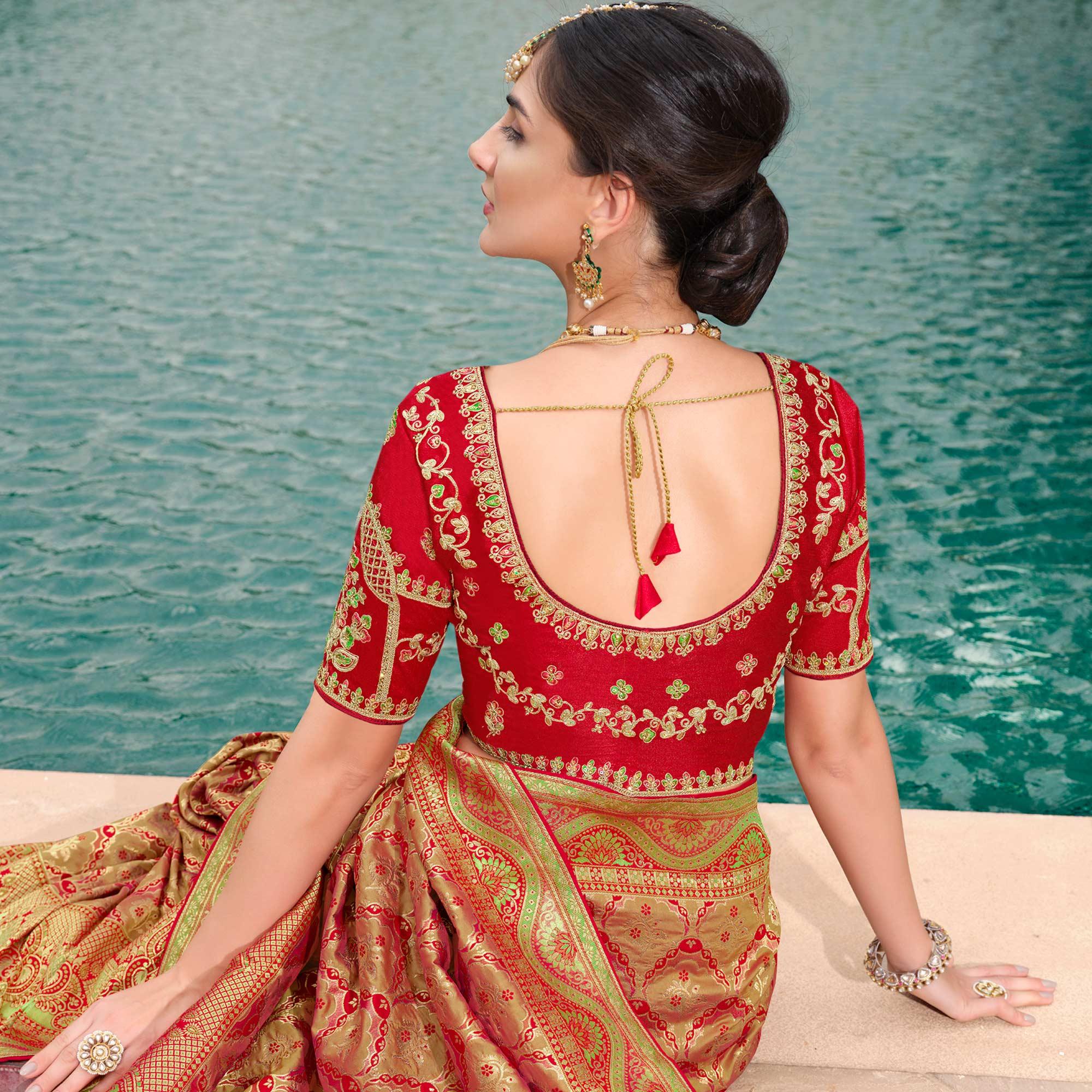 Red-Green Woven Banarasi Silk Saree With Tassels - Peachmode