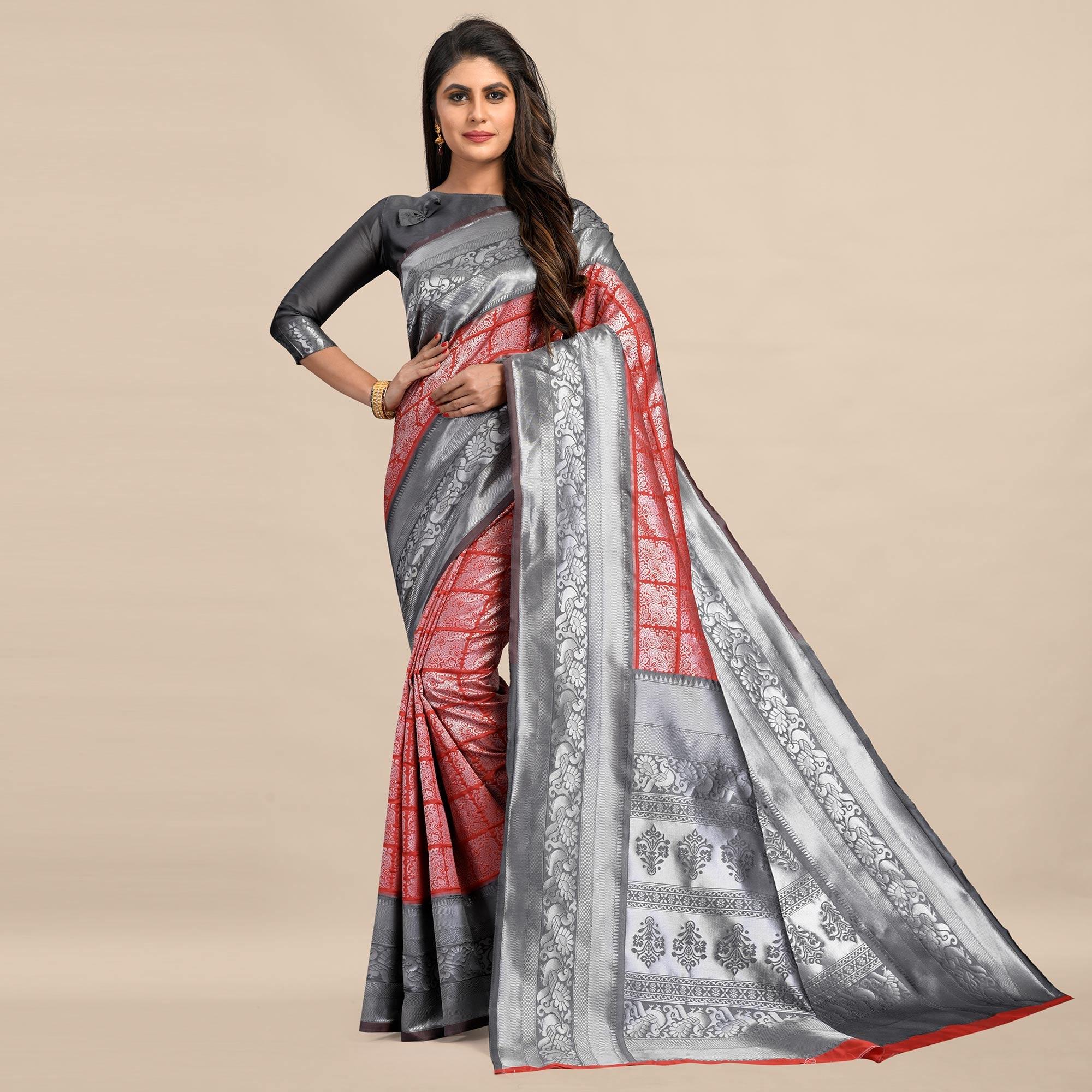 Red-Grey Festive Wear Rich Woven Border Soft Banarasi Silk Saree - Peachmode