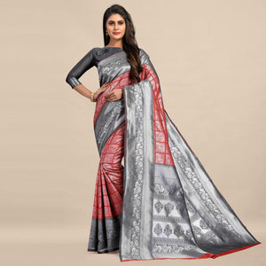 Red-Grey Festive Wear Rich Woven Border Soft Banarasi Silk Saree - Peachmode
