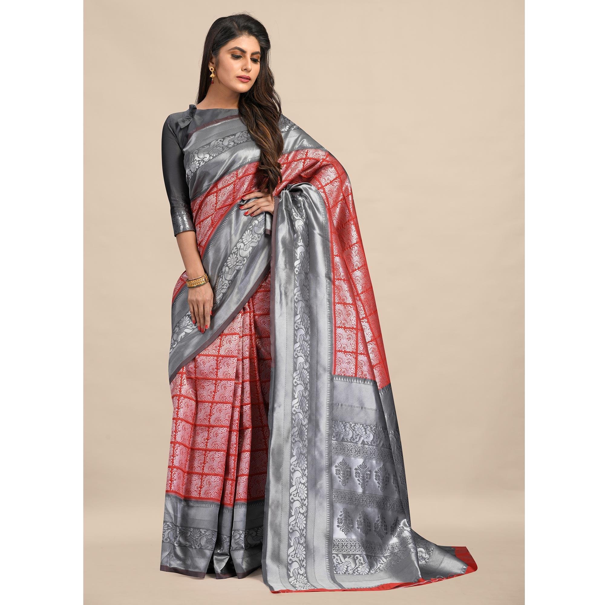 Red-Grey Festive Wear Rich Woven Border Soft Banarasi Silk Saree - Peachmode