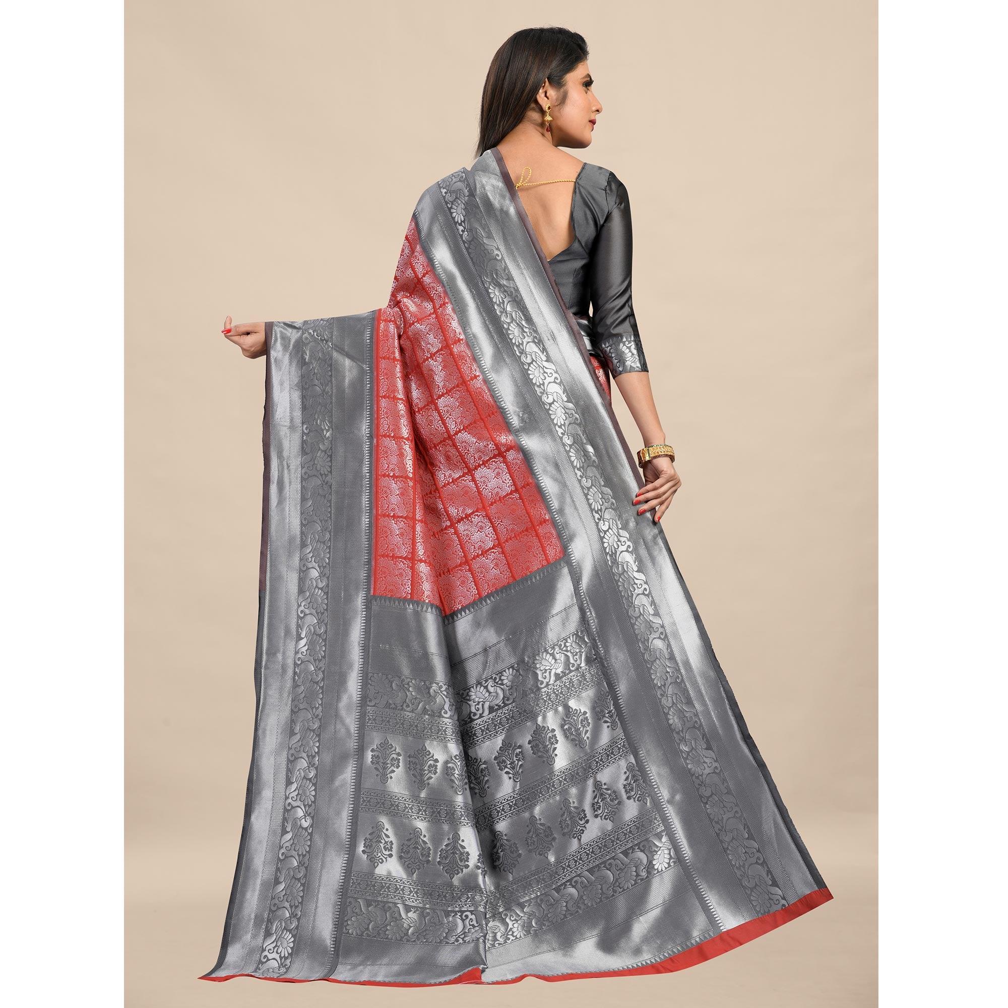 Red-Grey Festive Wear Rich Woven Border Soft Banarasi Silk Saree - Peachmode