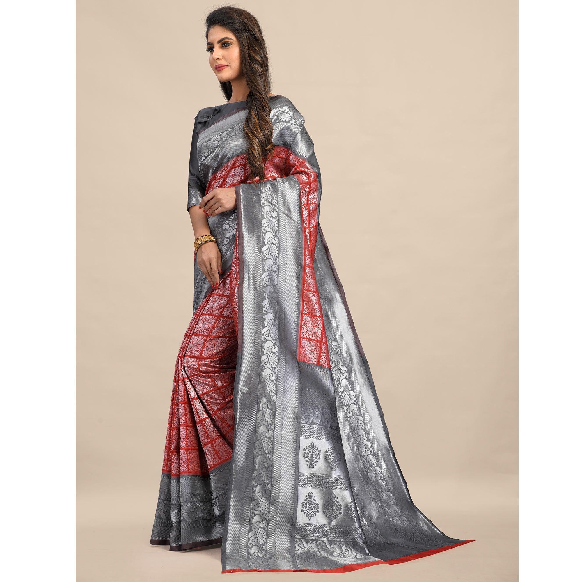 Red-Grey Festive Wear Rich Woven Border Soft Banarasi Silk Saree - Peachmode