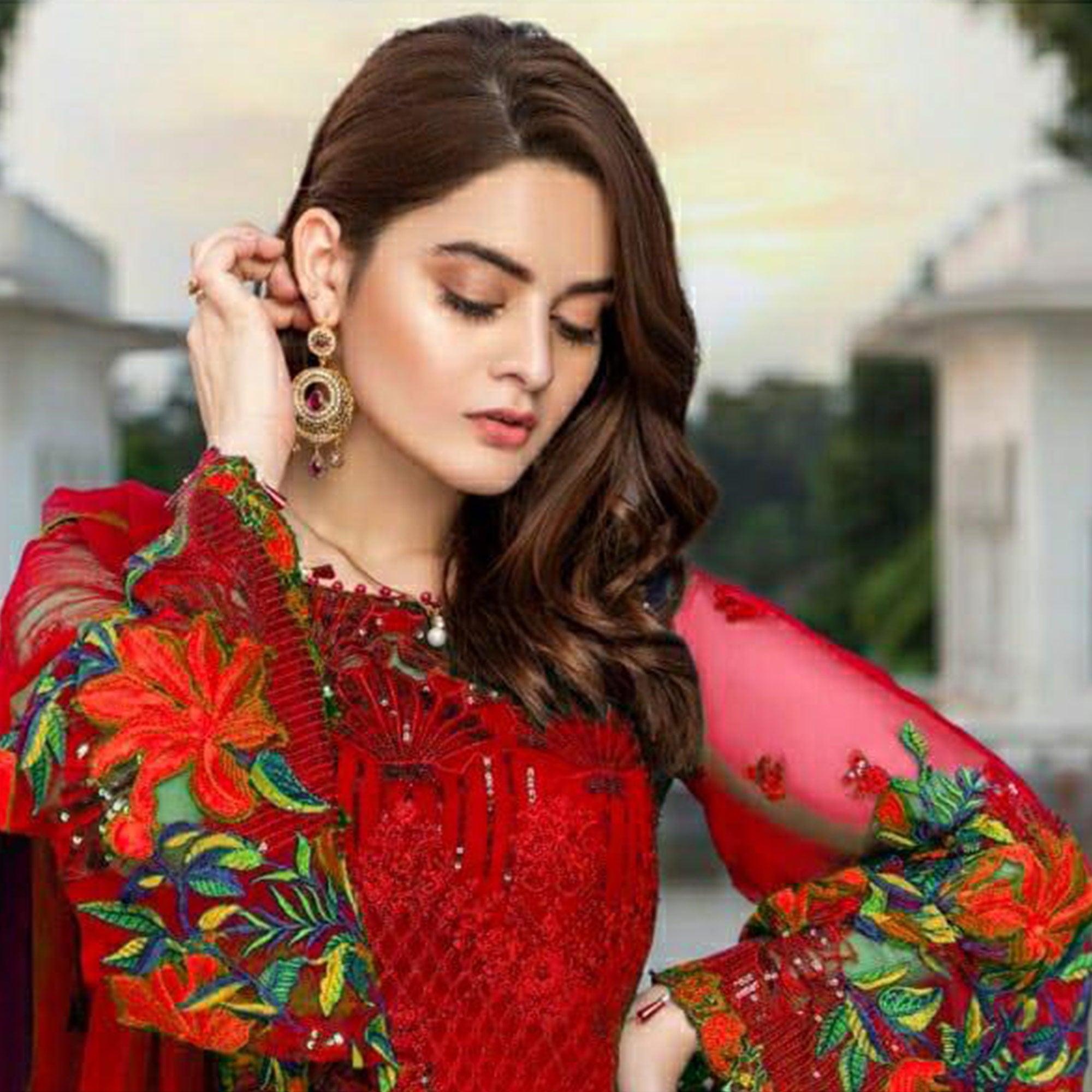 Red Heavy Floral Embroidery Work Georgette Partywear Suit - Peachmode