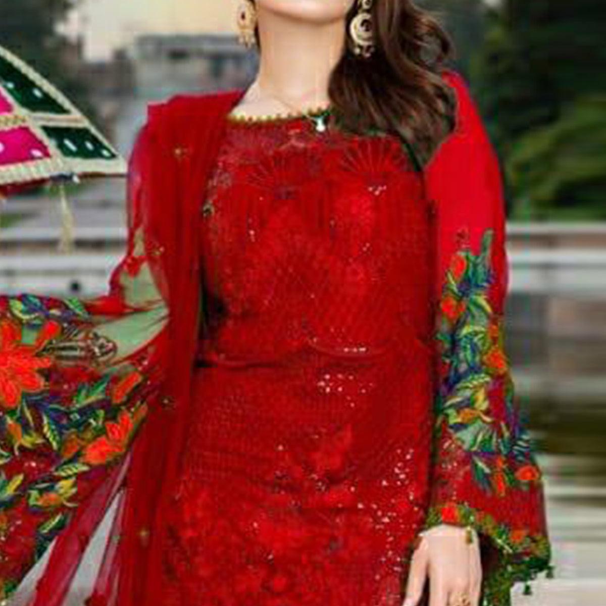 Red Heavy Floral Embroidery Work Georgette Partywear Suit - Peachmode