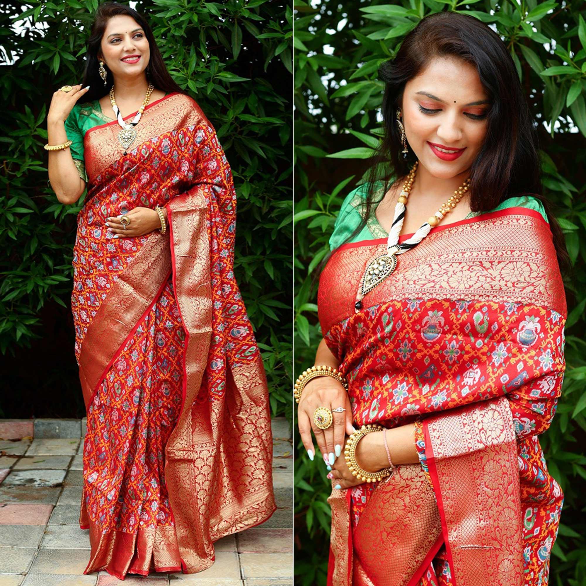 Red Ikkat Printed Art Silk Saree - Peachmode
