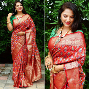 Red Ikkat Printed Art Silk Saree - Peachmode