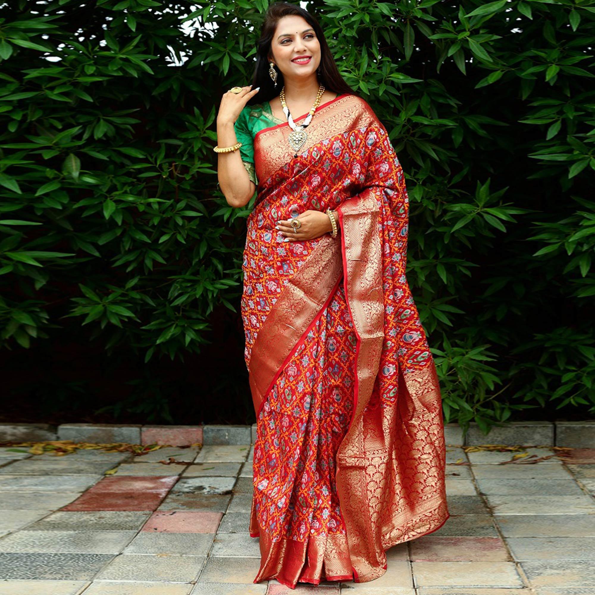 Red Ikkat Printed Art Silk Saree - Peachmode