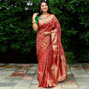 Red Ikkat Printed Art Silk Saree - Peachmode