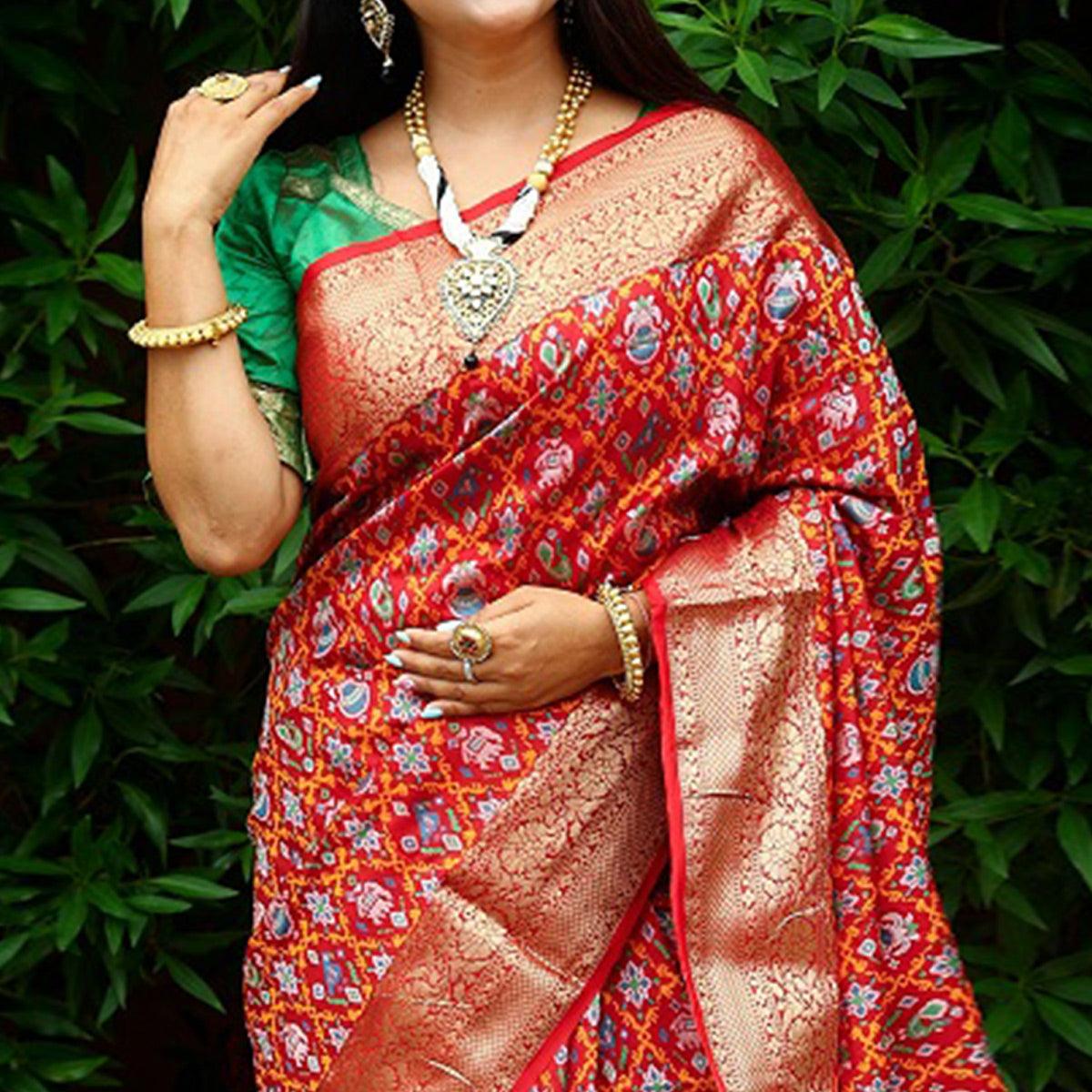 Red Ikkat Printed Art Silk Saree - Peachmode