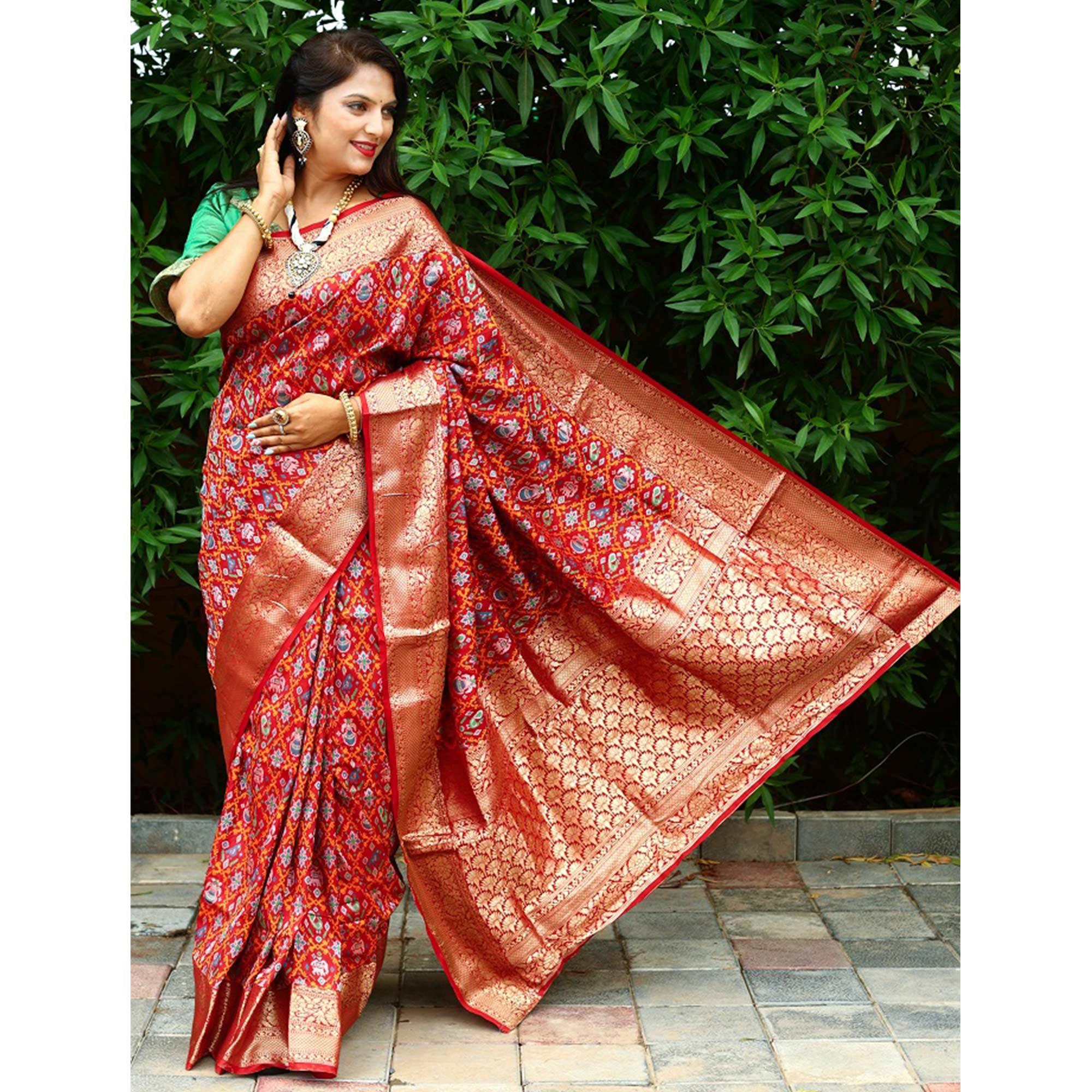 Red Ikkat Printed Art Silk Saree - Peachmode