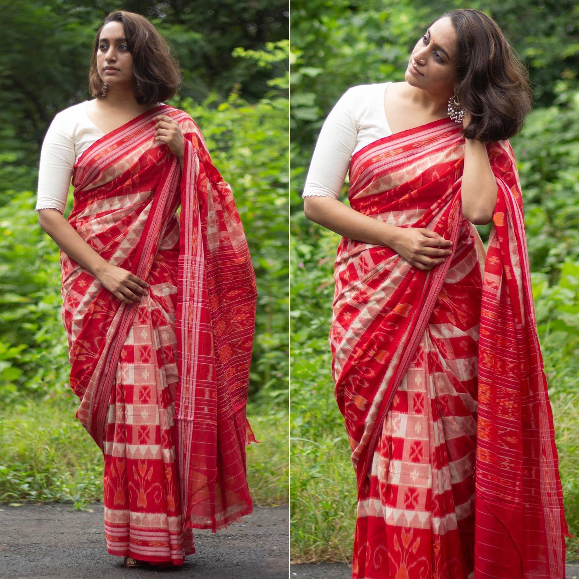 Red Ikkat Printed Linen Saree - Peachmode