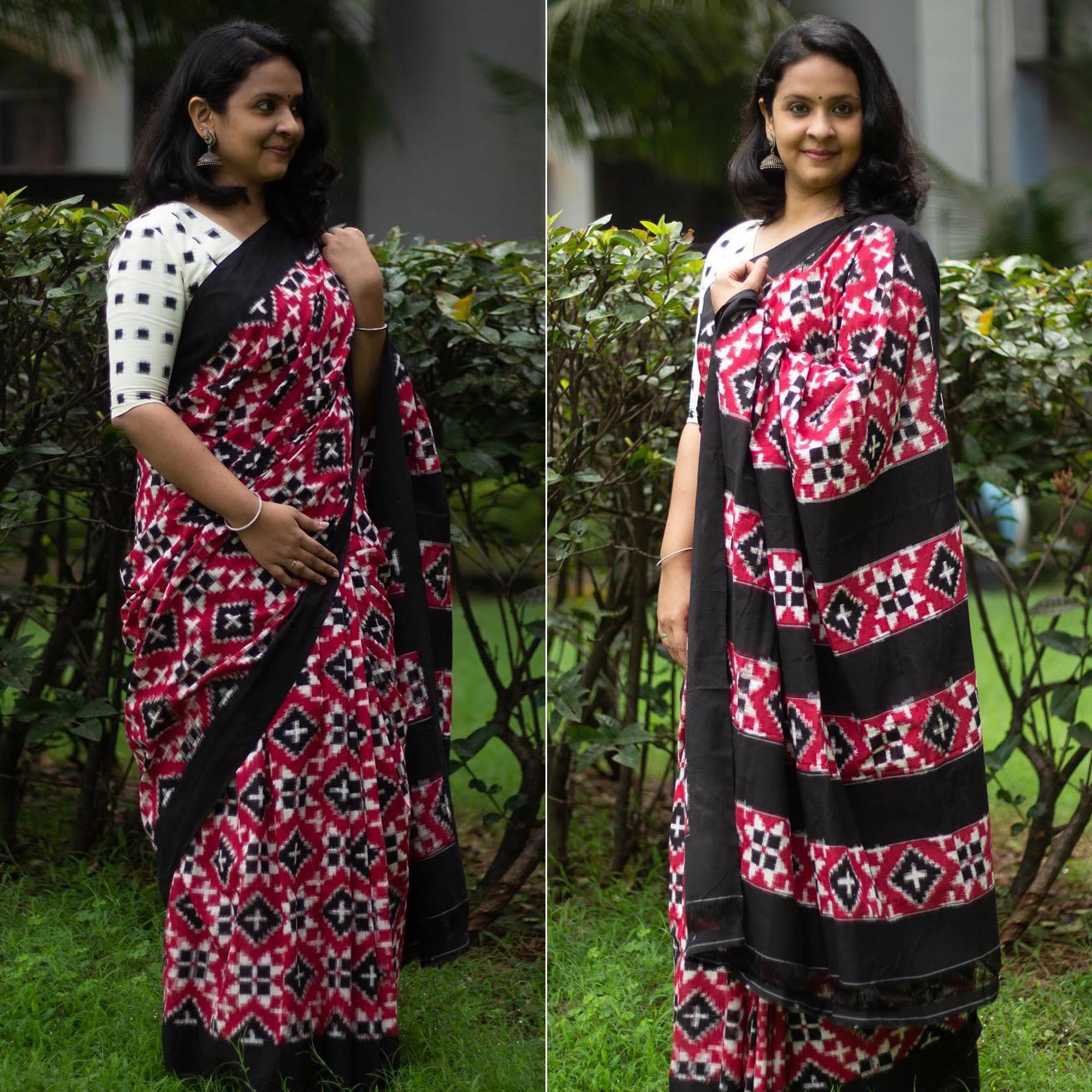 Red Ikkat Printed Linen Saree - Peachmode